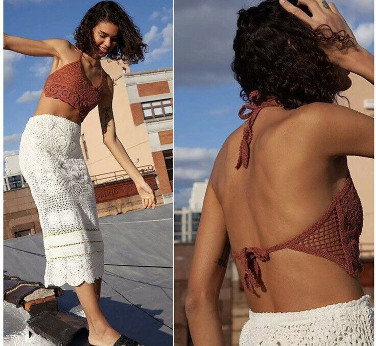 New FREE PEOPLE Small Sydney Bralette Crochet Lace Terracotta Tie Back Boho Top