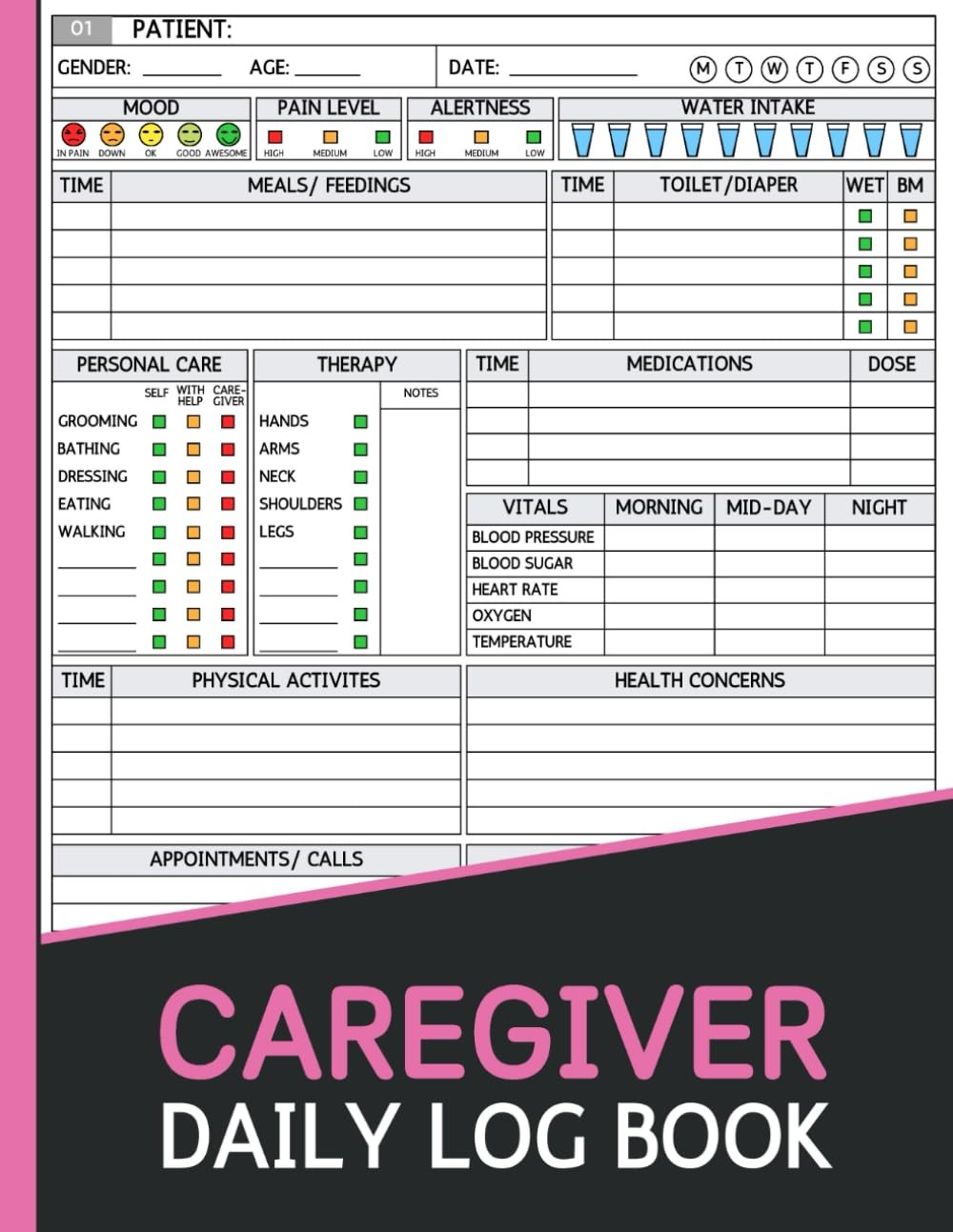 Caregiver Daily Log Book: A Complete Record for Tracking Vitals, Medications, Ap