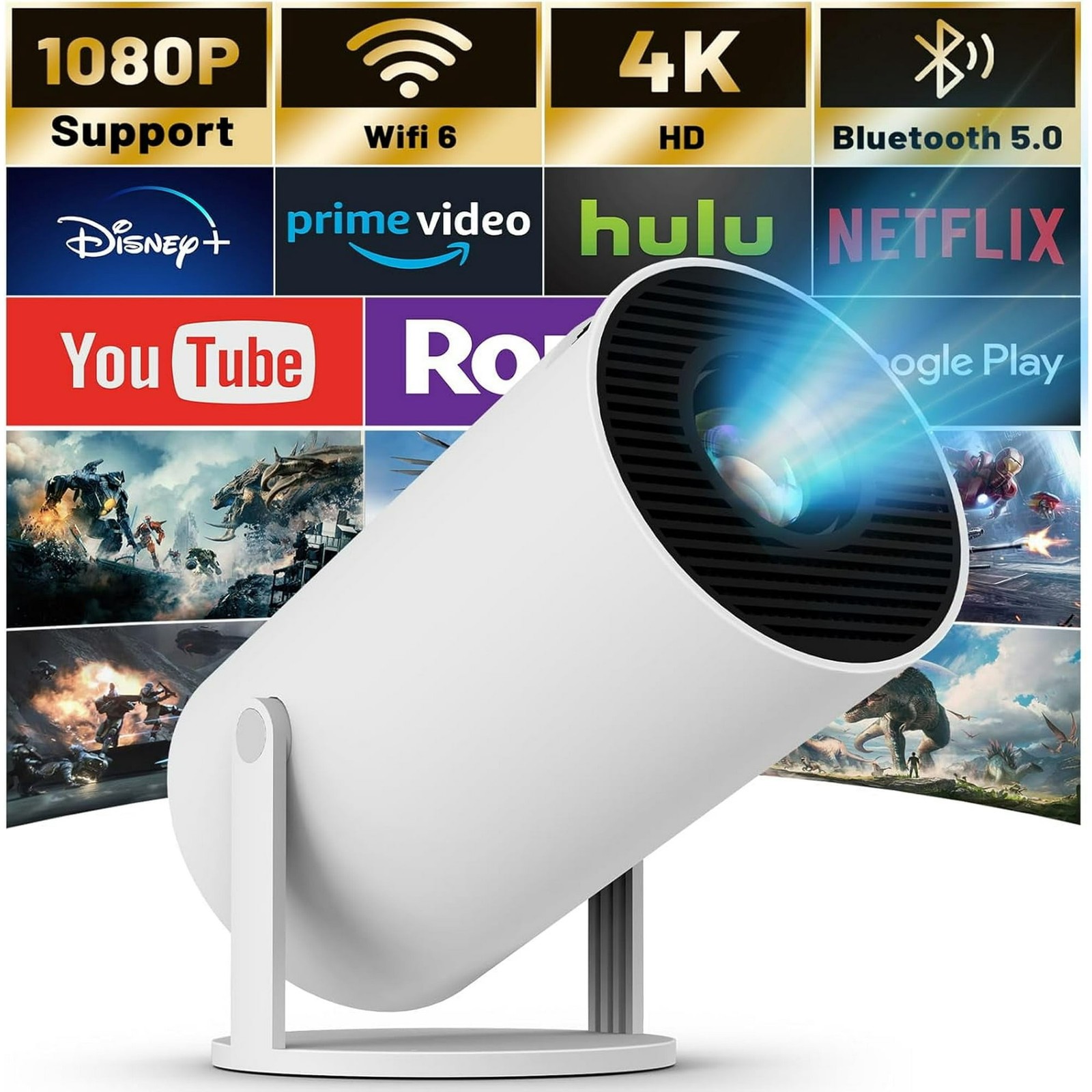 Mini Projector with WIFI 6 and Bluetooth 4K 1080P 130'' Screen Movie Projector