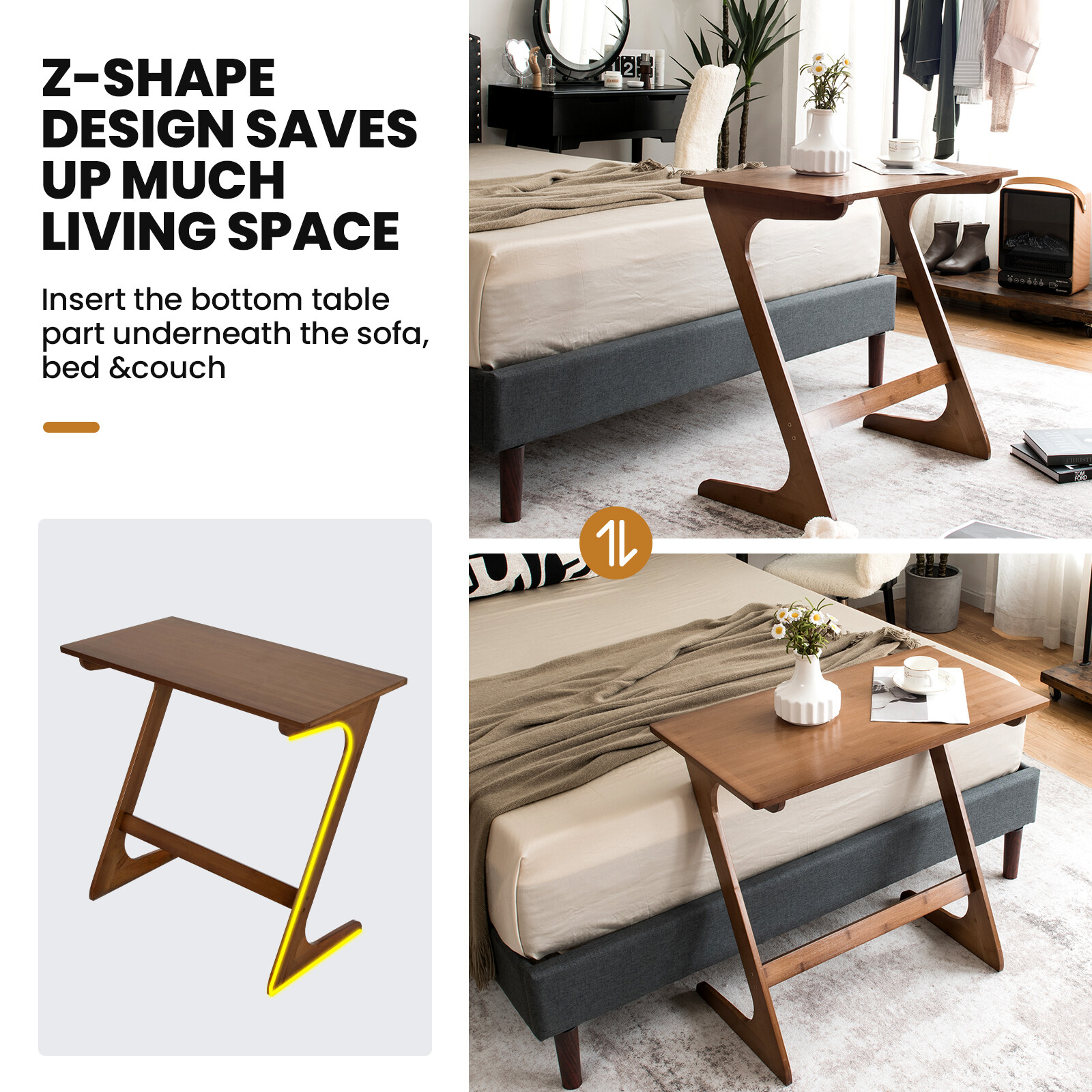 Bamboo Sofa Side Table Z-Shaped Spacious Tabletop Space-Saving TV Snack Tray