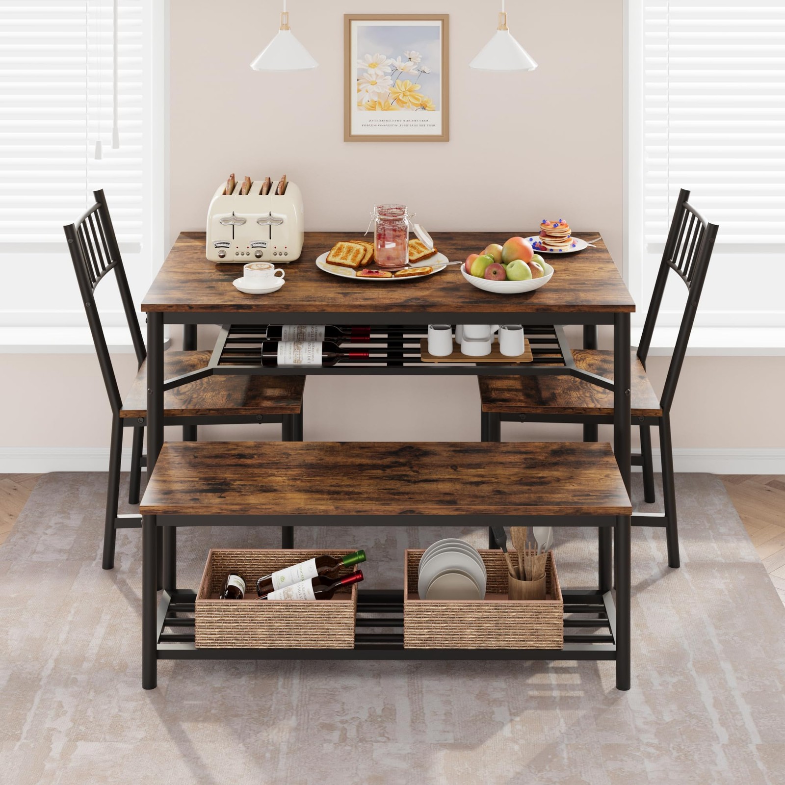 Dining Table Set for 4 ,Kitchen Table with Chairs & Bench and Storage Wine Rack