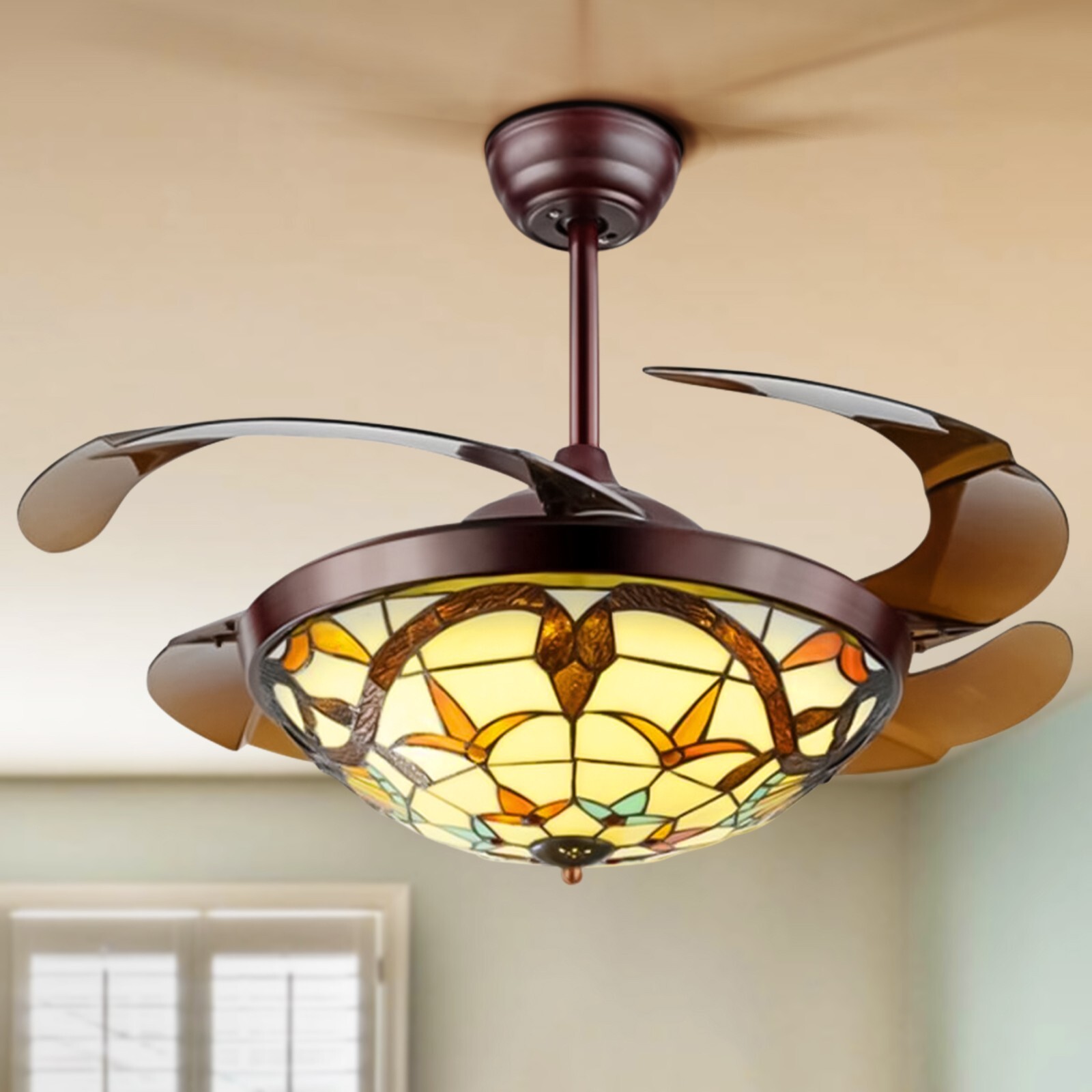 42" remote control fan pendant light with LED light strips in three tones