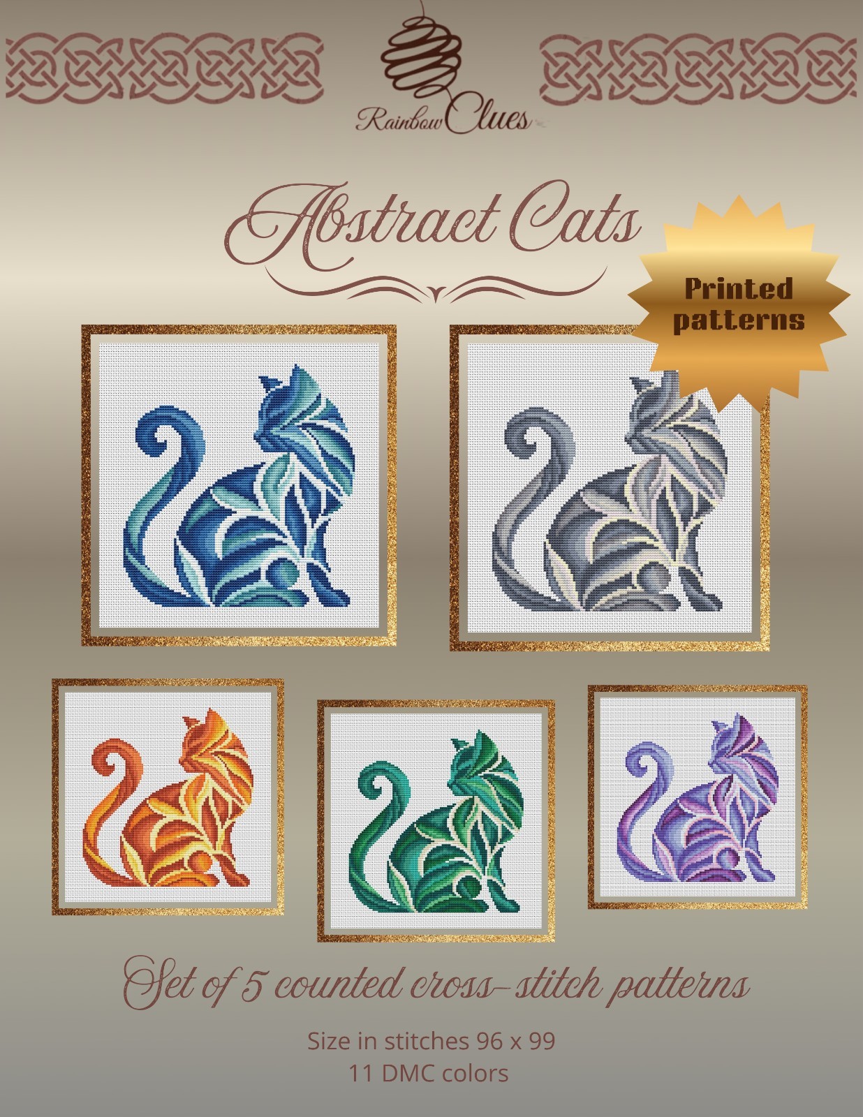 Cross Stitch Printed Pattern Abstract Cat DIY Chart Counted Needlework DMC Color