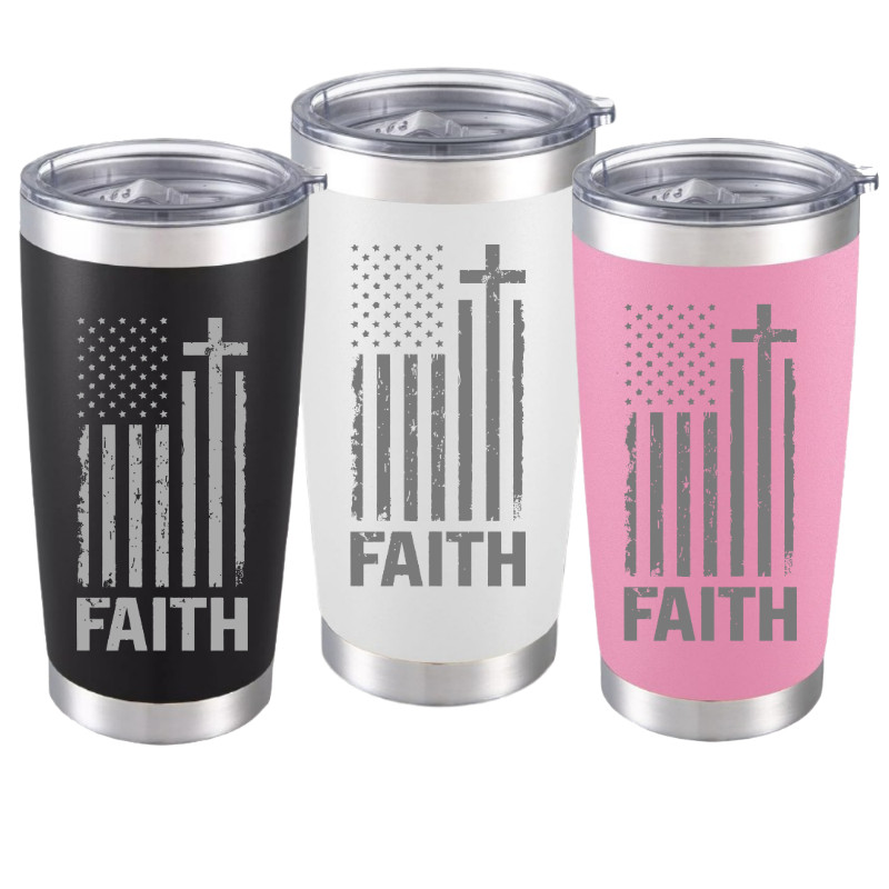 20oz Engraved USA Flag & Faith Cross Tumbler, Christian Religious Travel Mug