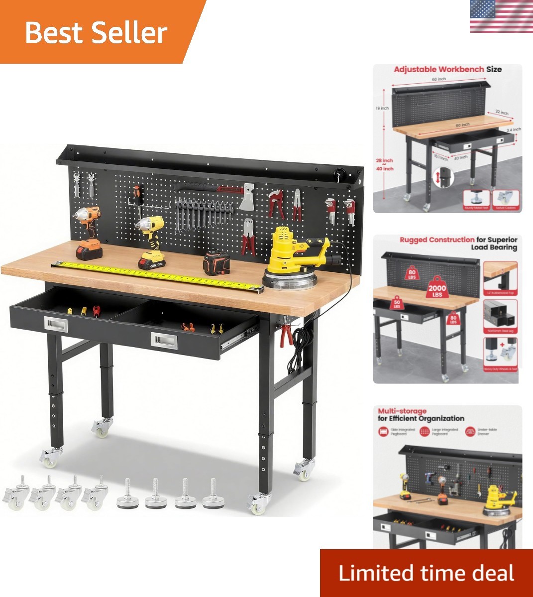 Rubberwood Workbench with Drawer Storage, LED & Adjustable Height - 60 x 22 Inch