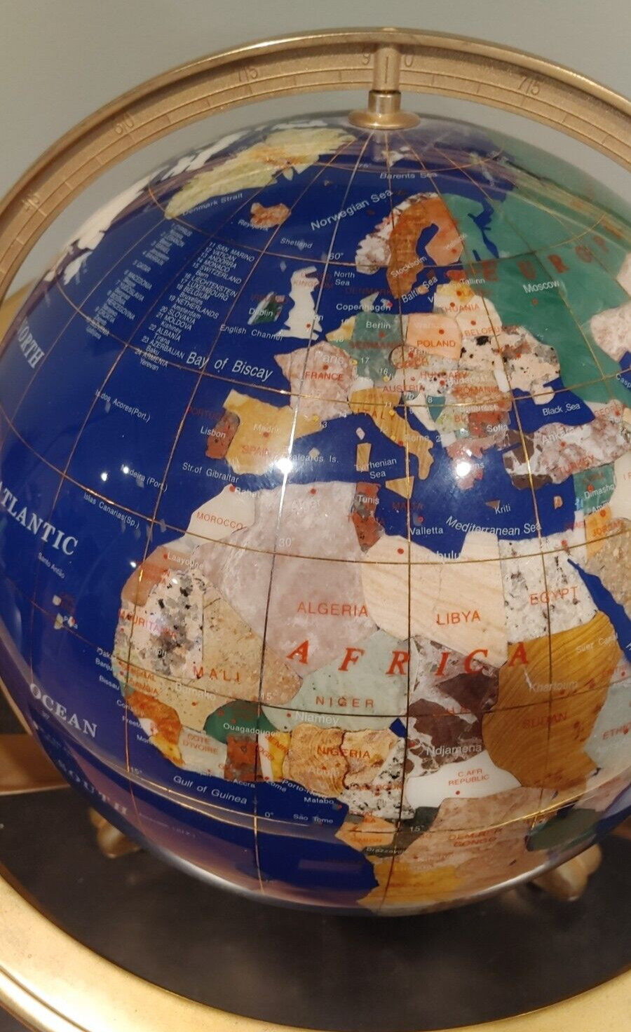 Large 12" Natural Gemstone World Globe & Compass Solid Brass Tripod Footed Stand