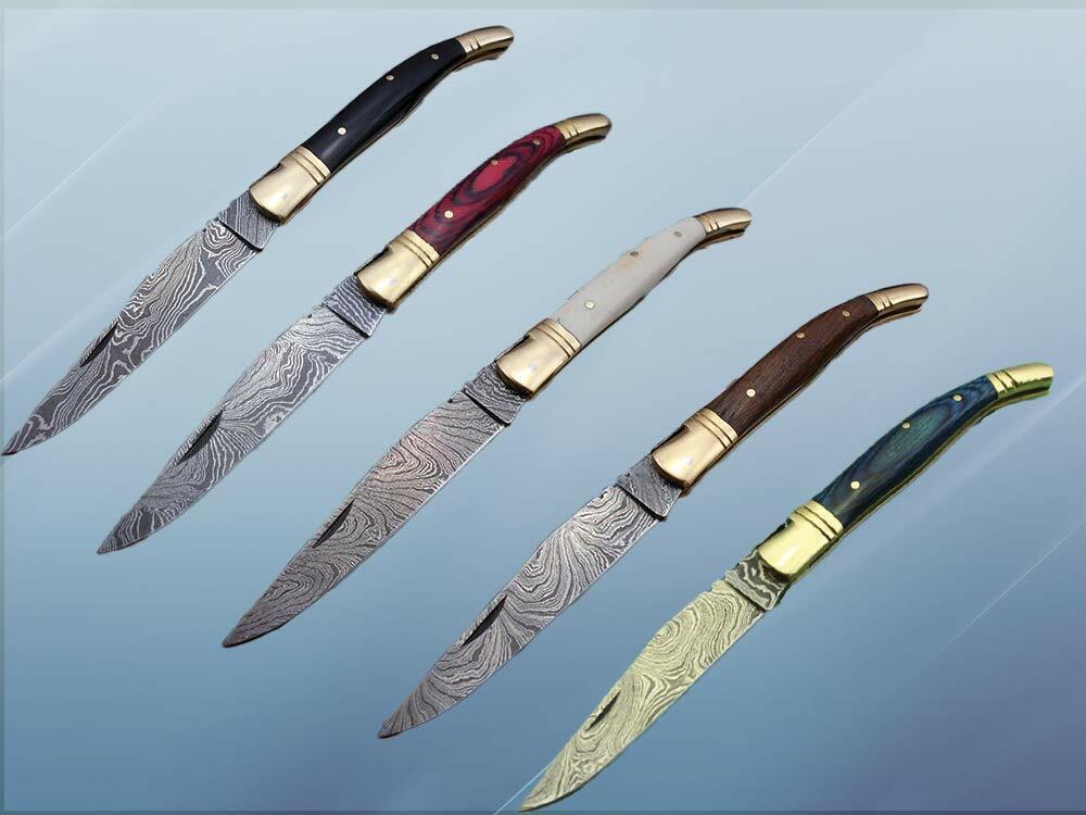 8.5" Laguiole folding Damascus steel folding knife, hand forged, Leather sheath