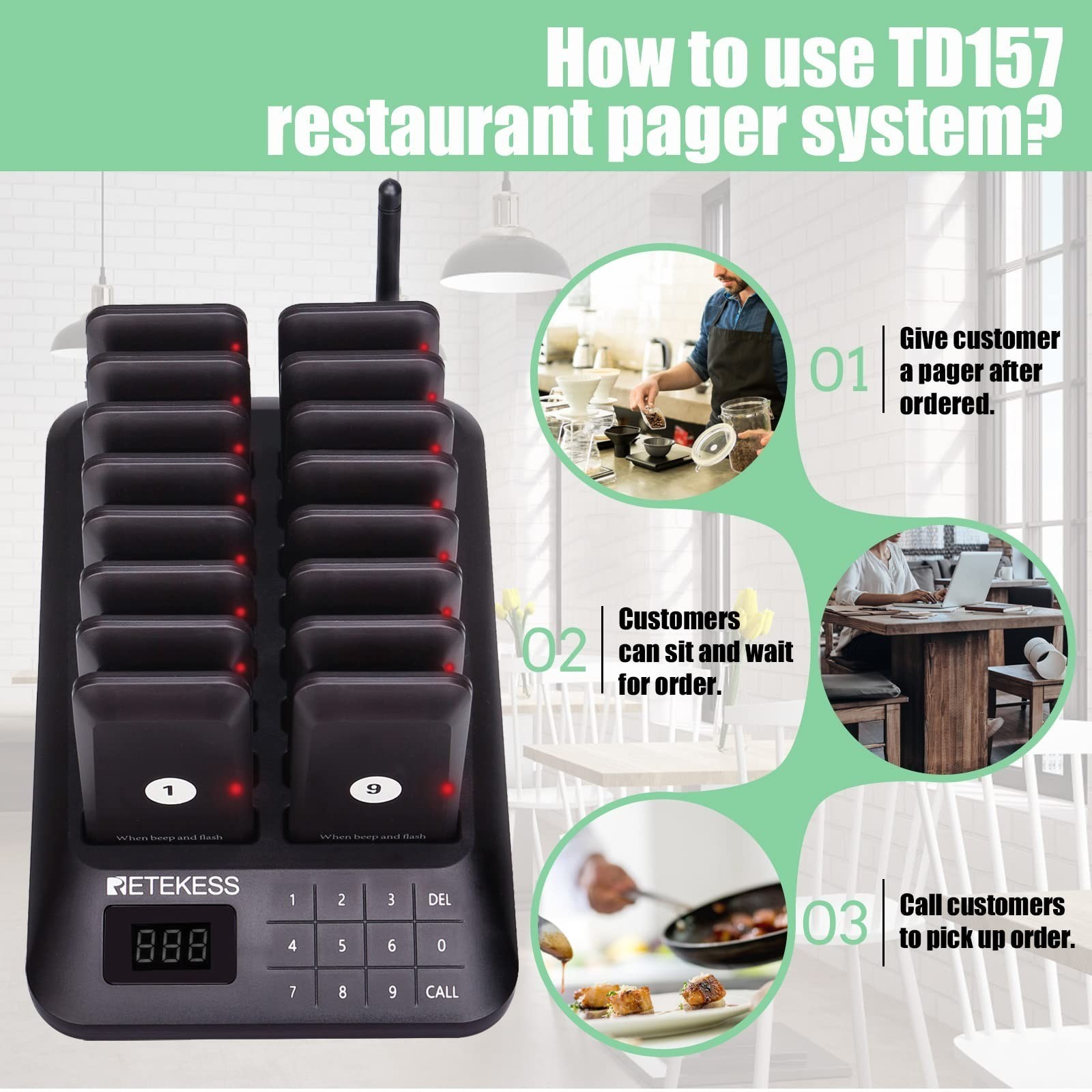 Restaurant Pager System 984ft Long Range Vibration Flashing Buzzer 16 Pagers