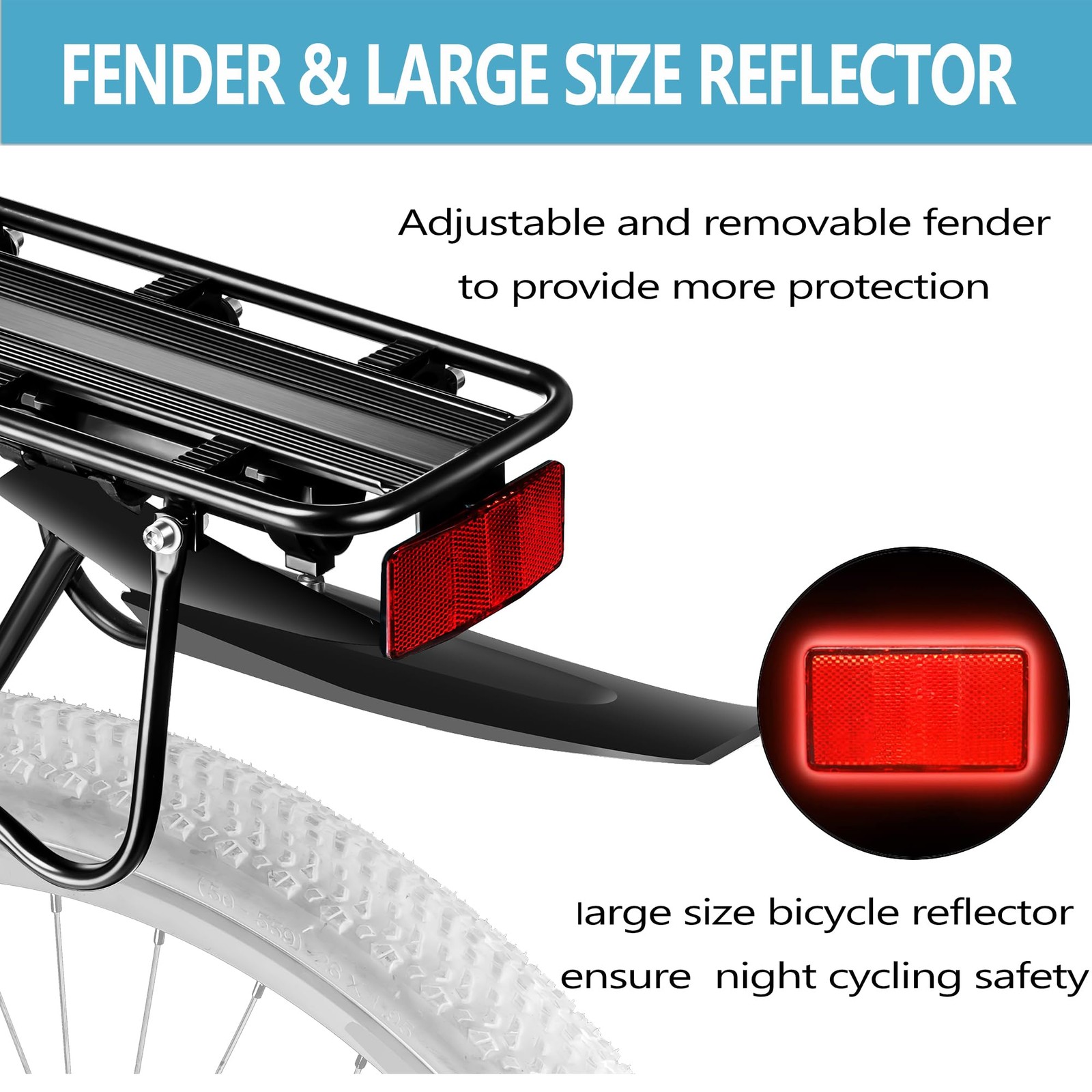 Rear Bike Rack,115 LB Capacity Solid Bearings Bike Cargo Rack w/Fender & Larg...
