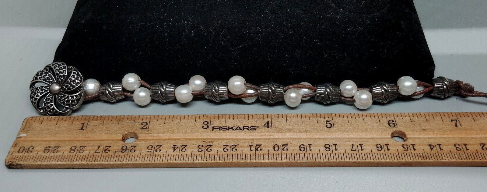 Handcrafted Pearl Beads & Silver Barrel Bead Bracelet 7.5 " Leather Strap Button