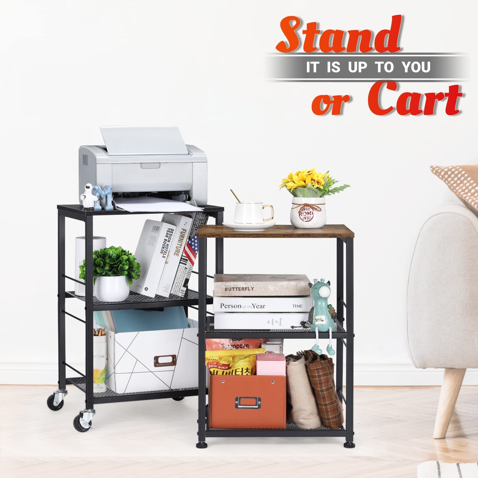 3 Tier Rolling Cart, Black Kitchen Carts on Wheels with Storage, Multifunctio...