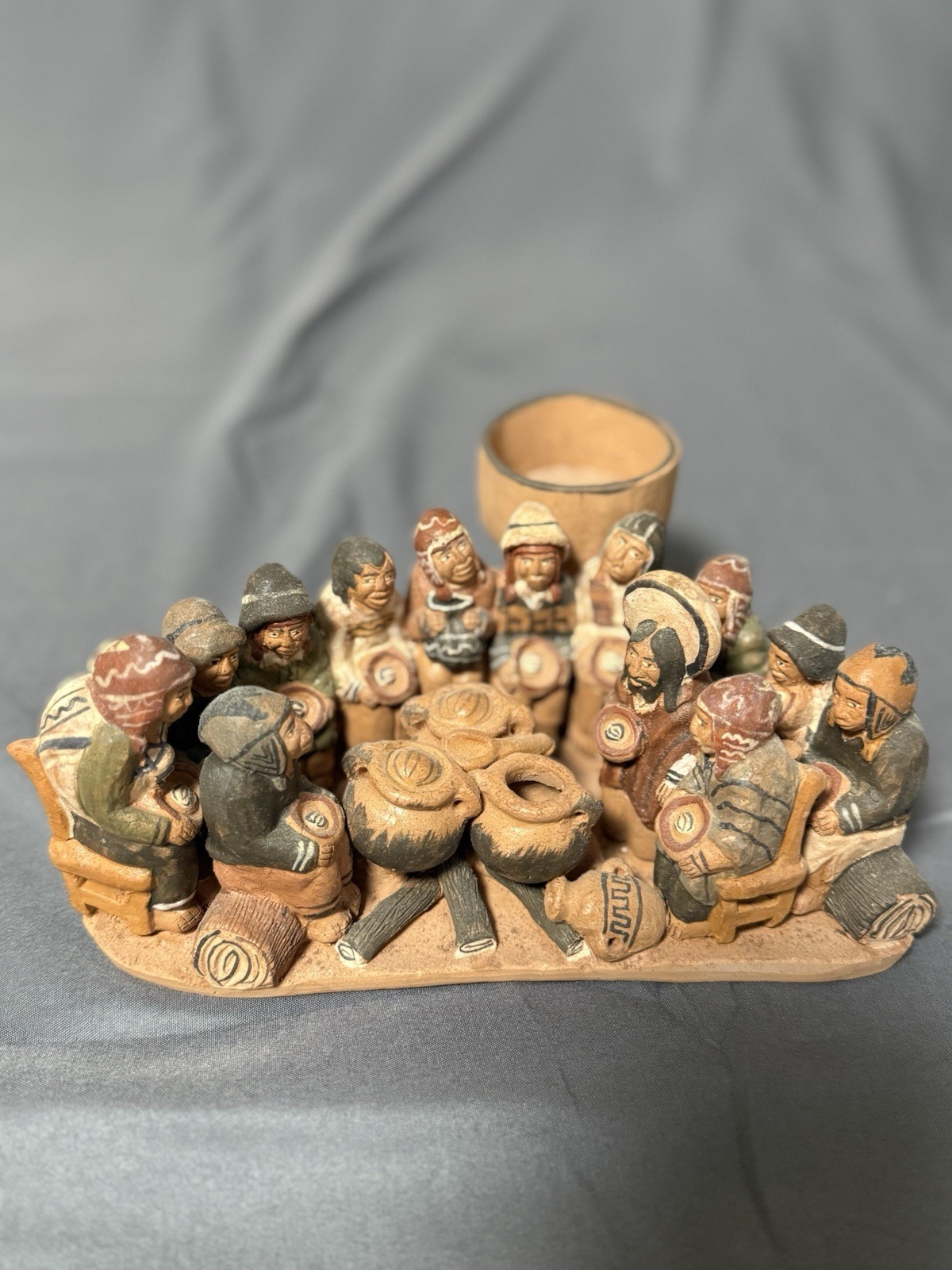 Vintage Peruvian Terracotta Village Drum Circle Folk Art Made Peru