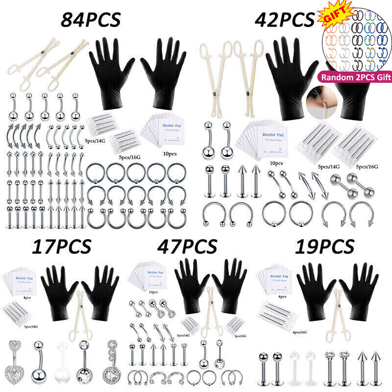 84PC Professional Piercing Kit Stainless Steel Navel Eyebrow Nose Needles Set