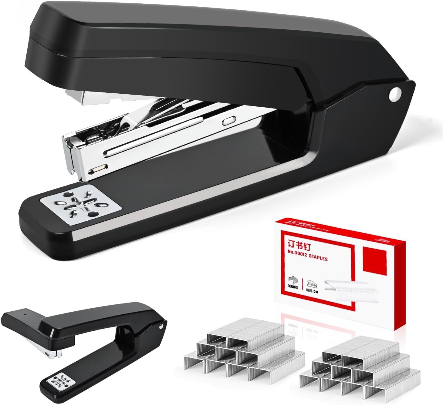 MJMX 360° Rotating Swing-Arm Stapler, 25-Sheet Capacity, with 1000 Black