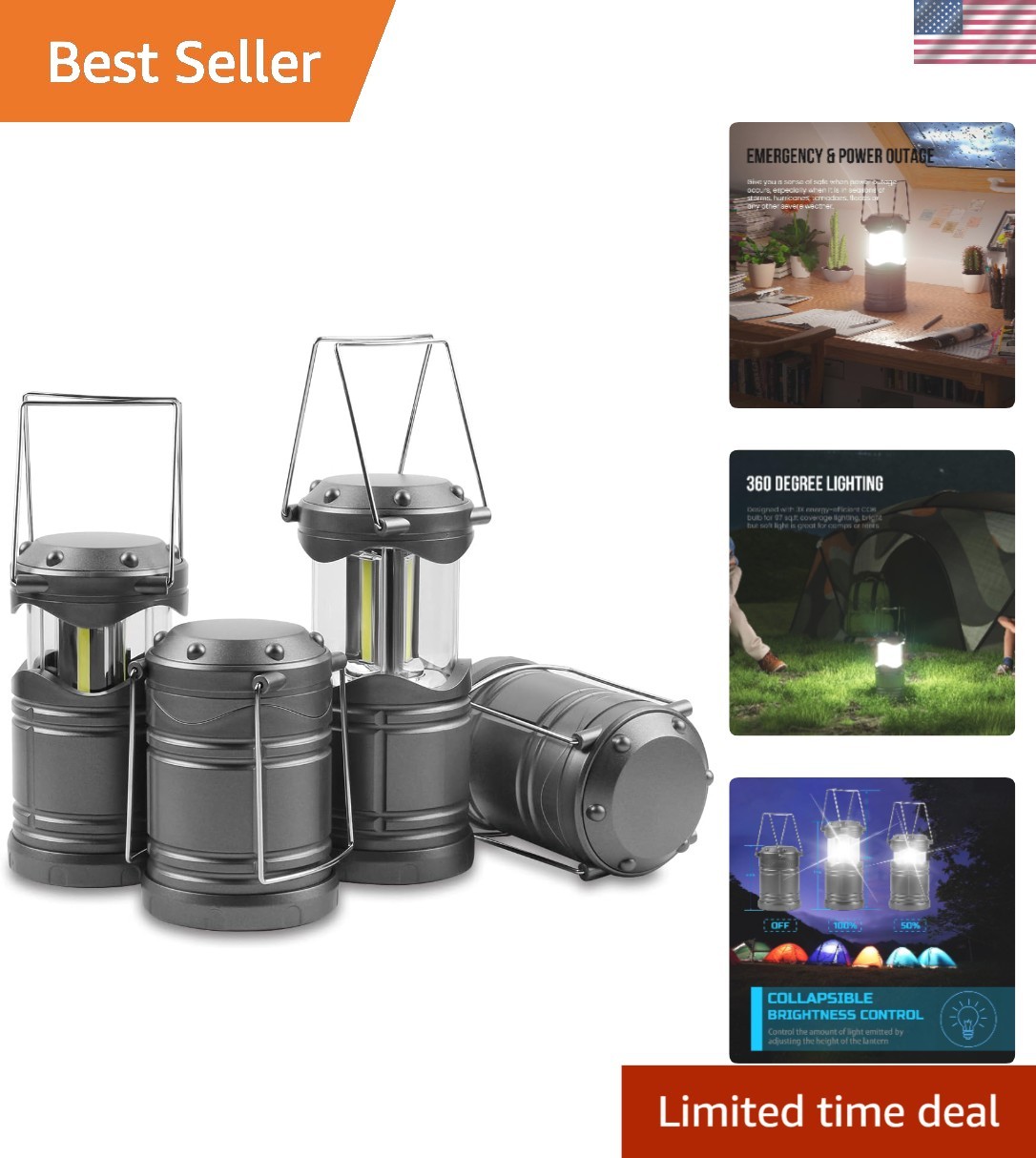 4-Pack LED Camping Lanterns - 350 Lumens, Portable & Water-Resistant for Safety