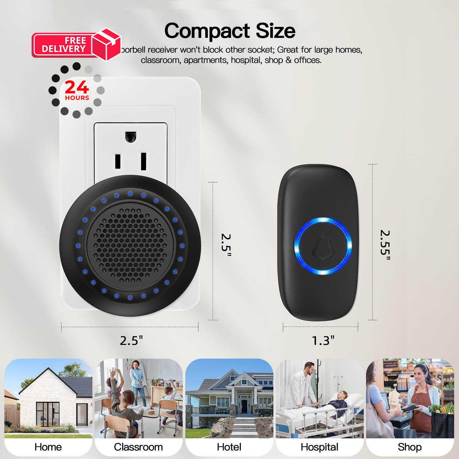 Wireless Doorbell with 2 Receivers, Waterproof 1 Button + 2 Black