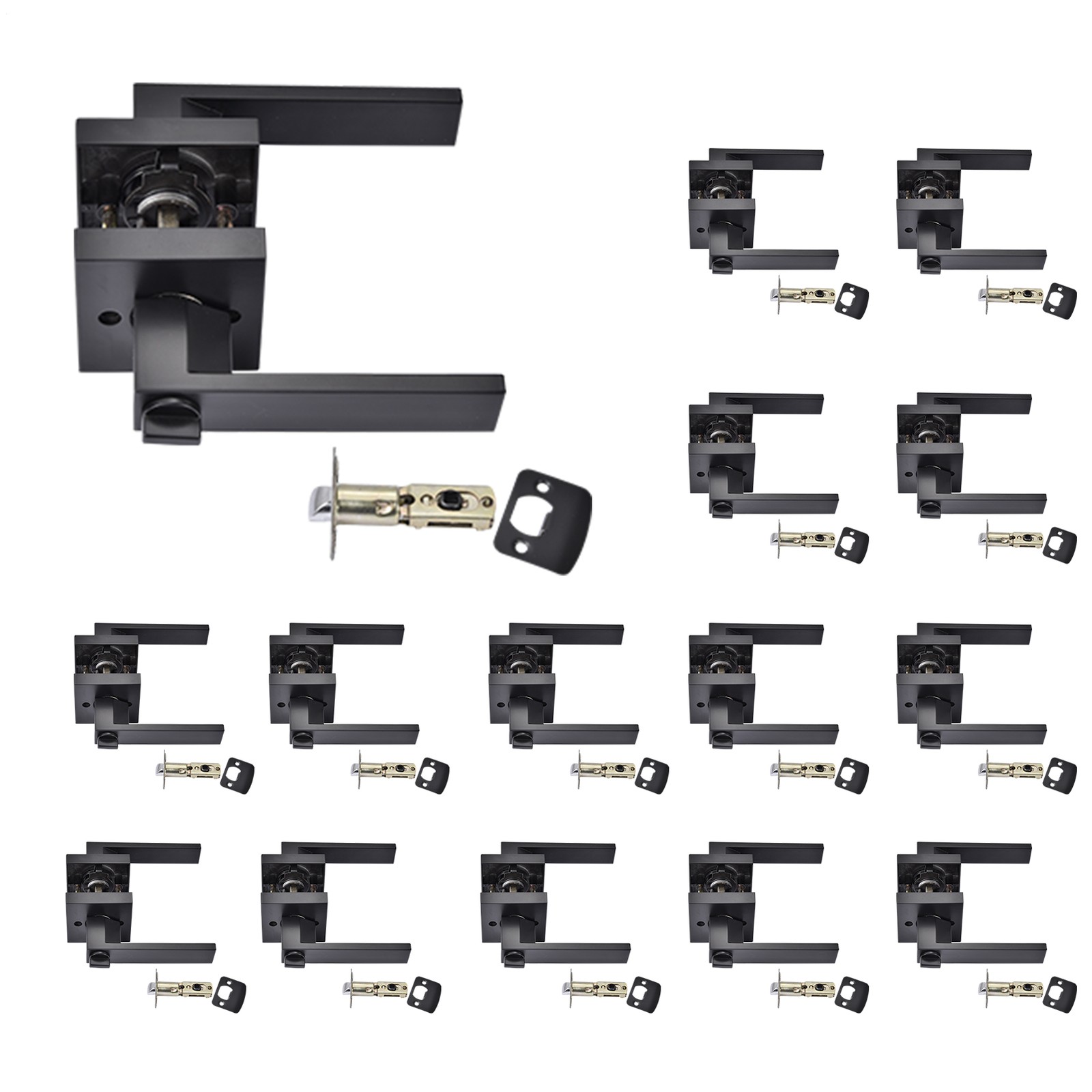 15pcs Black Door Lever Heavy Duty Passage Handle Interior Square Knobs W/ Keys