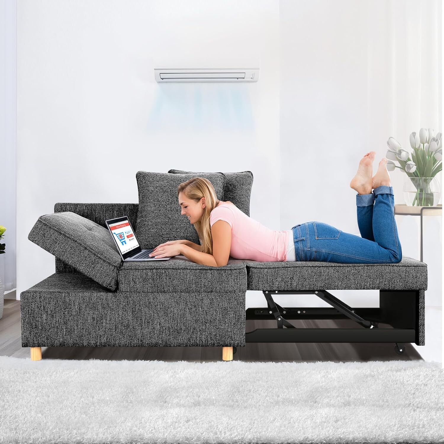 Folding Ottoman Sofa Bed Chair 4-in-1 Sleeper Sofa w/Adjustable Backrest&Pillows