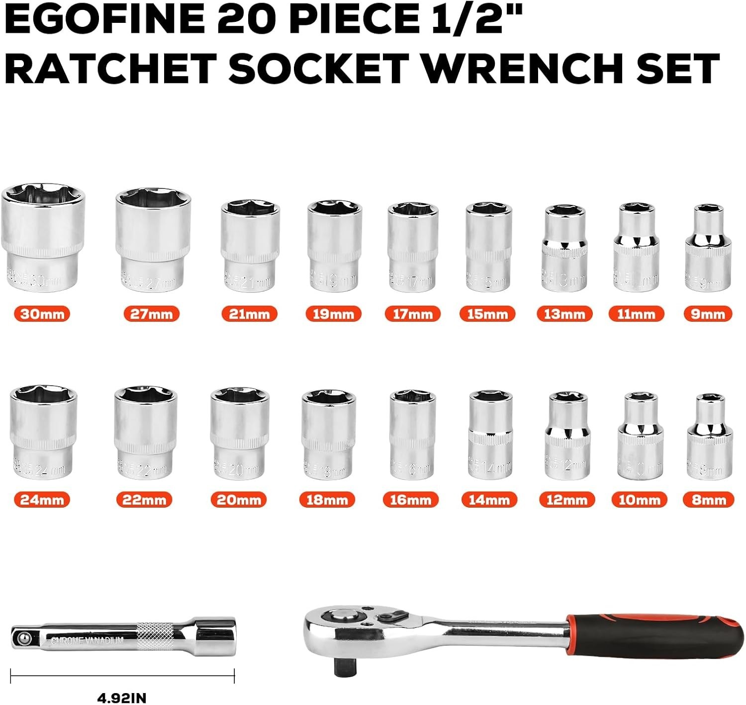 20pcs 1/2 Inch Ratchet Socket Wrench Set, Drive Socket Set with 18 Sockets, 8...