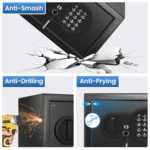 Fireproof Waterproof Safe Box with Keys & Passcode, Wall Mount, Smart Alert Syst