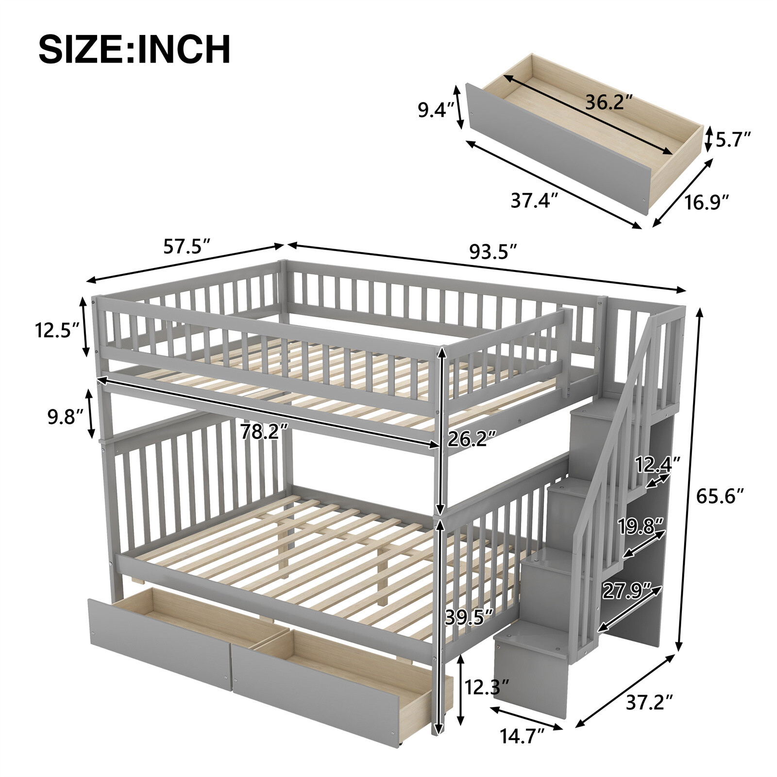 Bunk Beds Full Over Full Kids Adult Wood Loft Bunk bed with storage for Bedroom