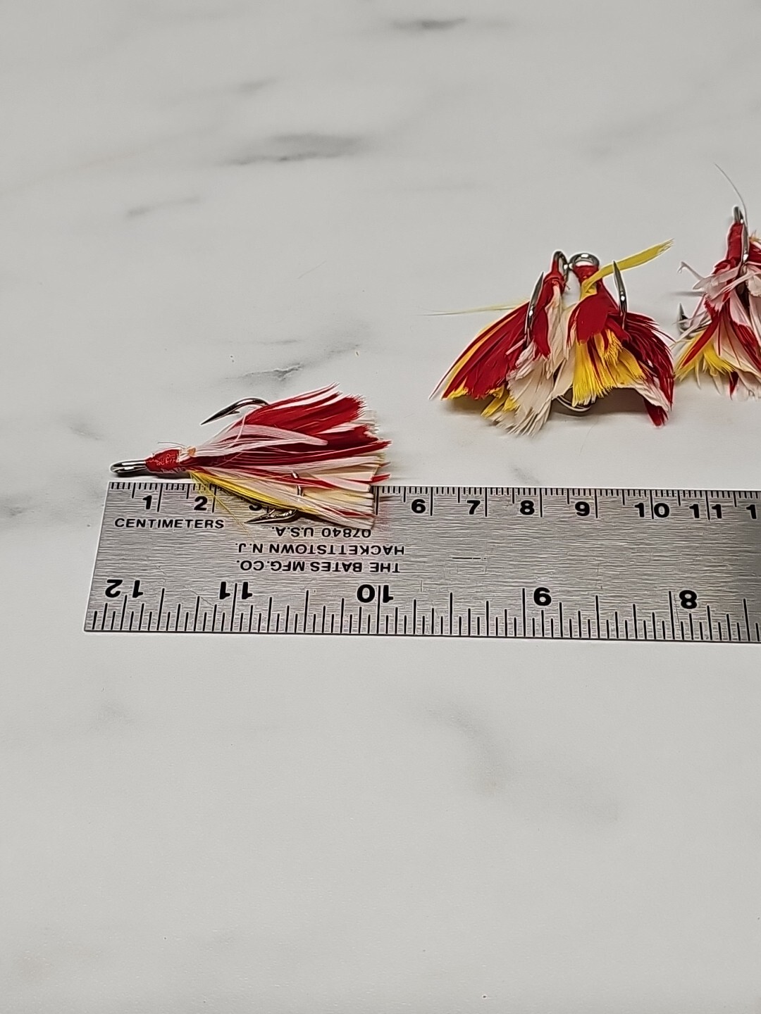 6 Dressed Treble Hooks with Yellow and Red Feather  * Hook size #2/0*