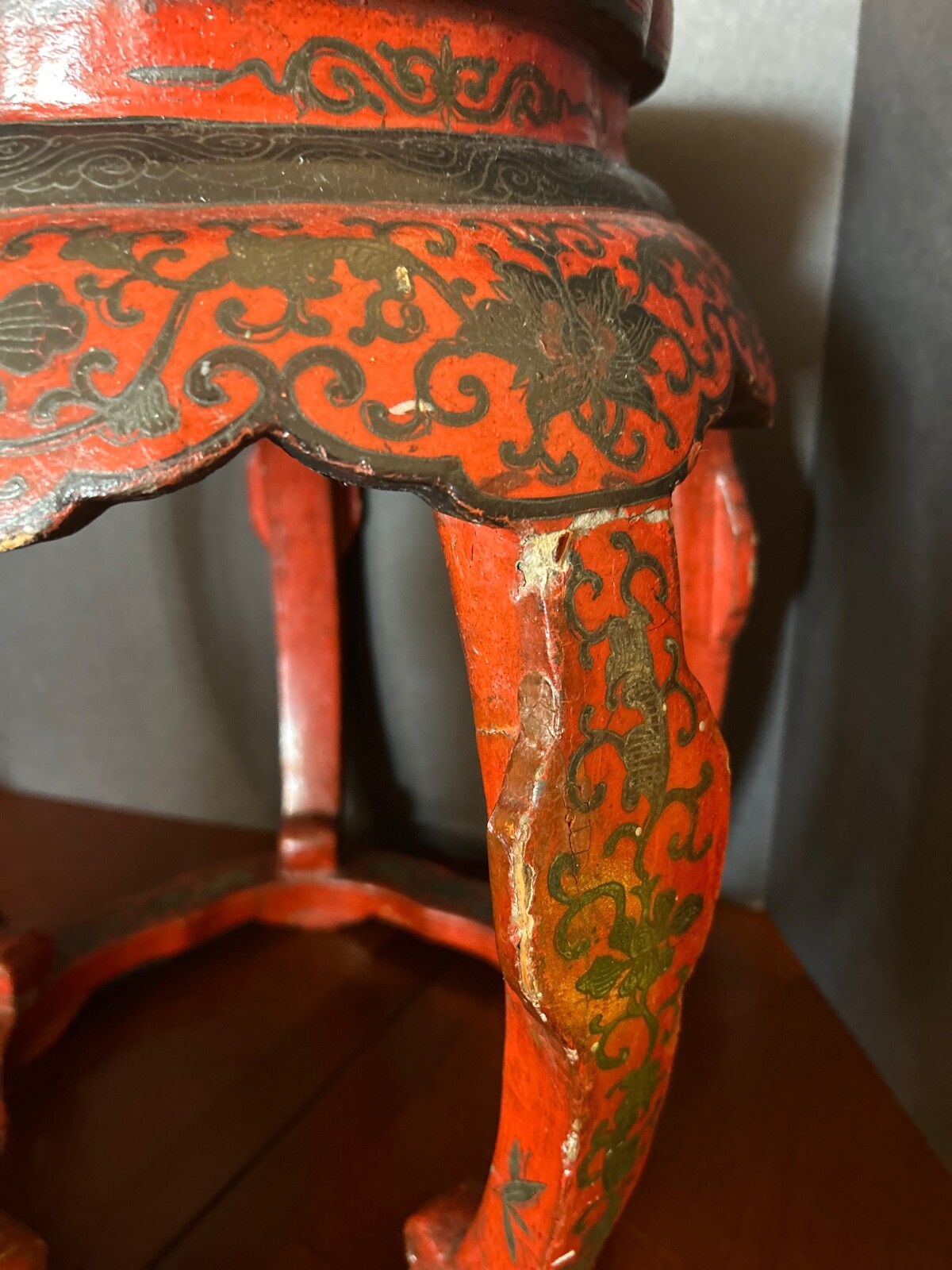 Antique 1920s Ming Dynasty Style Stool Black and Red Lacquer