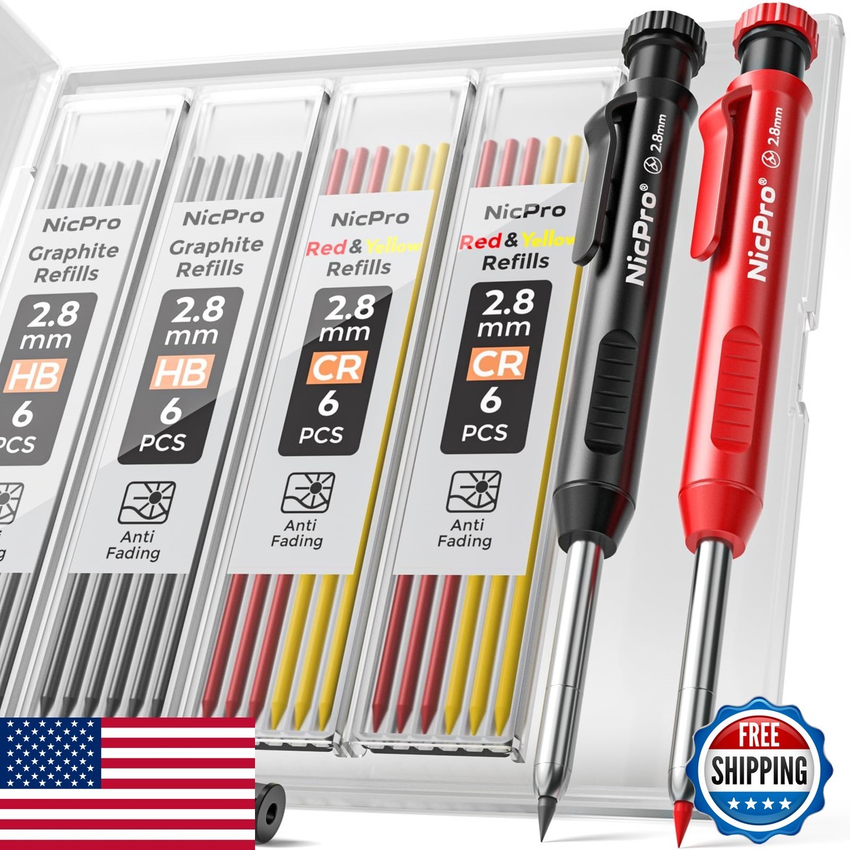 Nicpro MG396 Carpenter Pencil Set with Sharpener 26 Refill