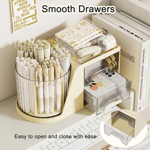 Rotating Desk Organizer with 2 Drawer, 6 Slots Multi-Functional Pencil Beige