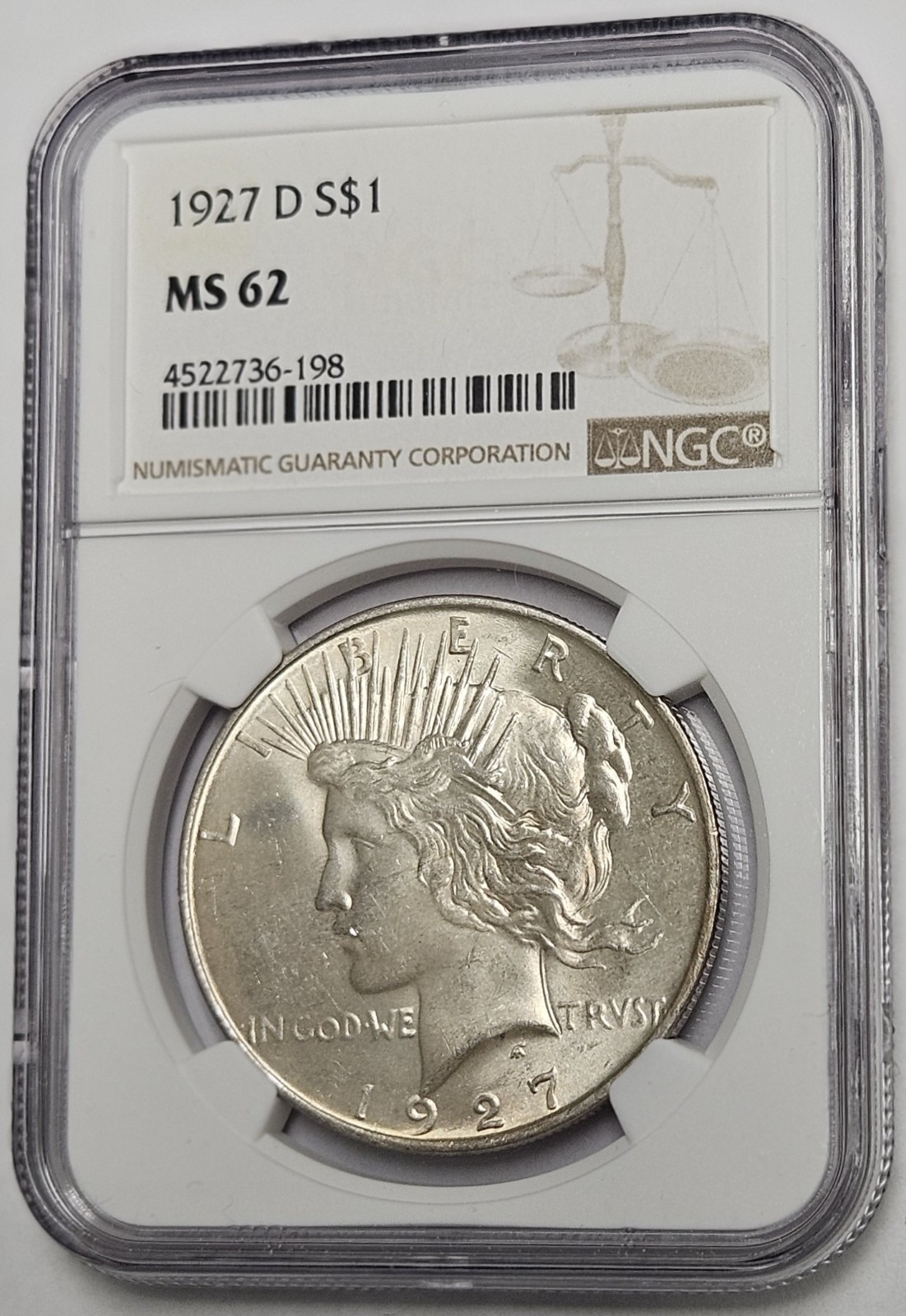 1927 D Denver Mint Peace Silver Dollar $1 NGC MS 62