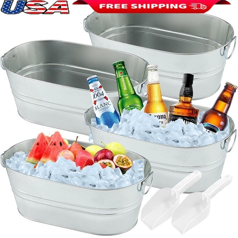 Galvanized Metal Ice Bucket Beverage Tub W/ Handles 4 Gallon Drink Cooler New