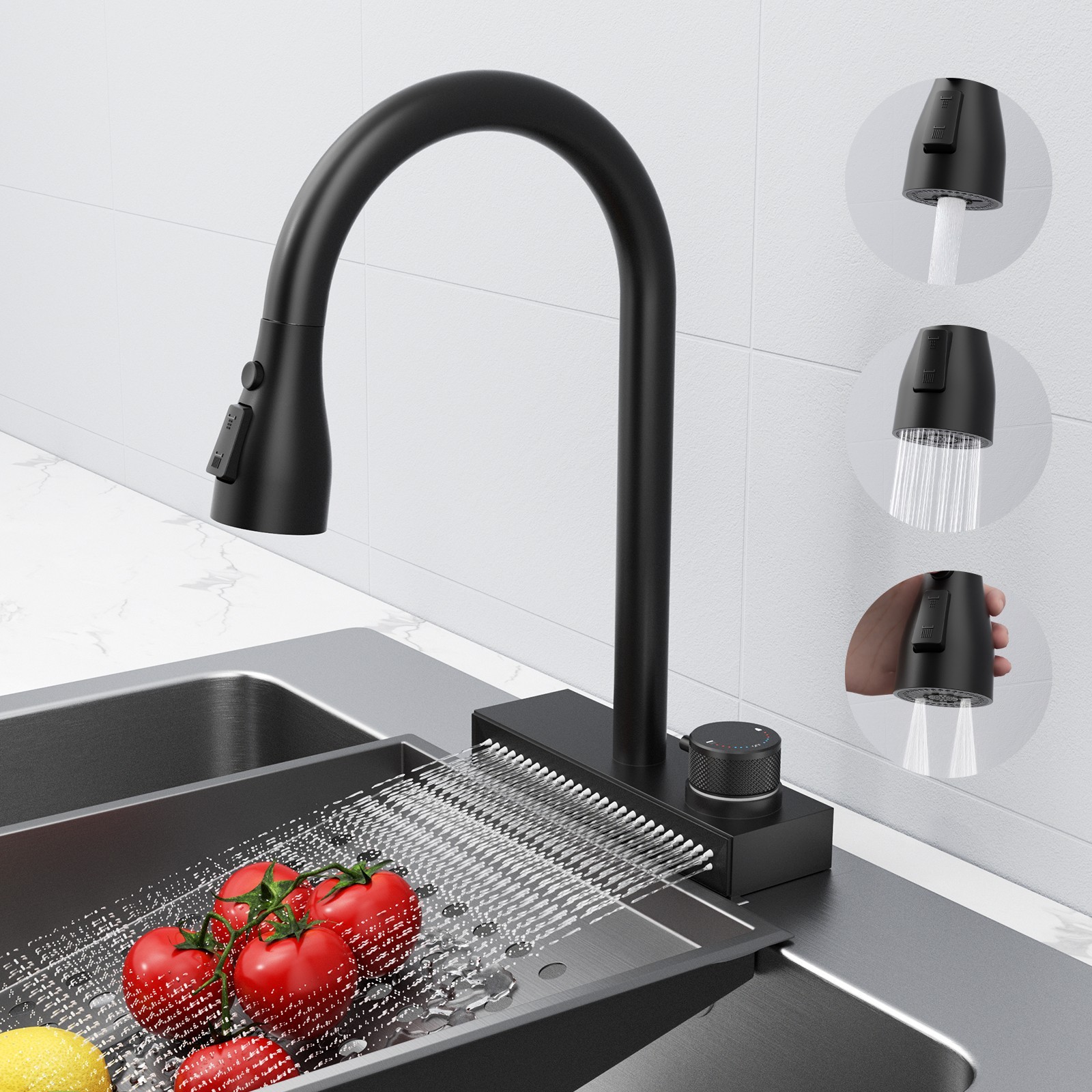 Black 3-function Pull-down Rain Kitchen Faucet