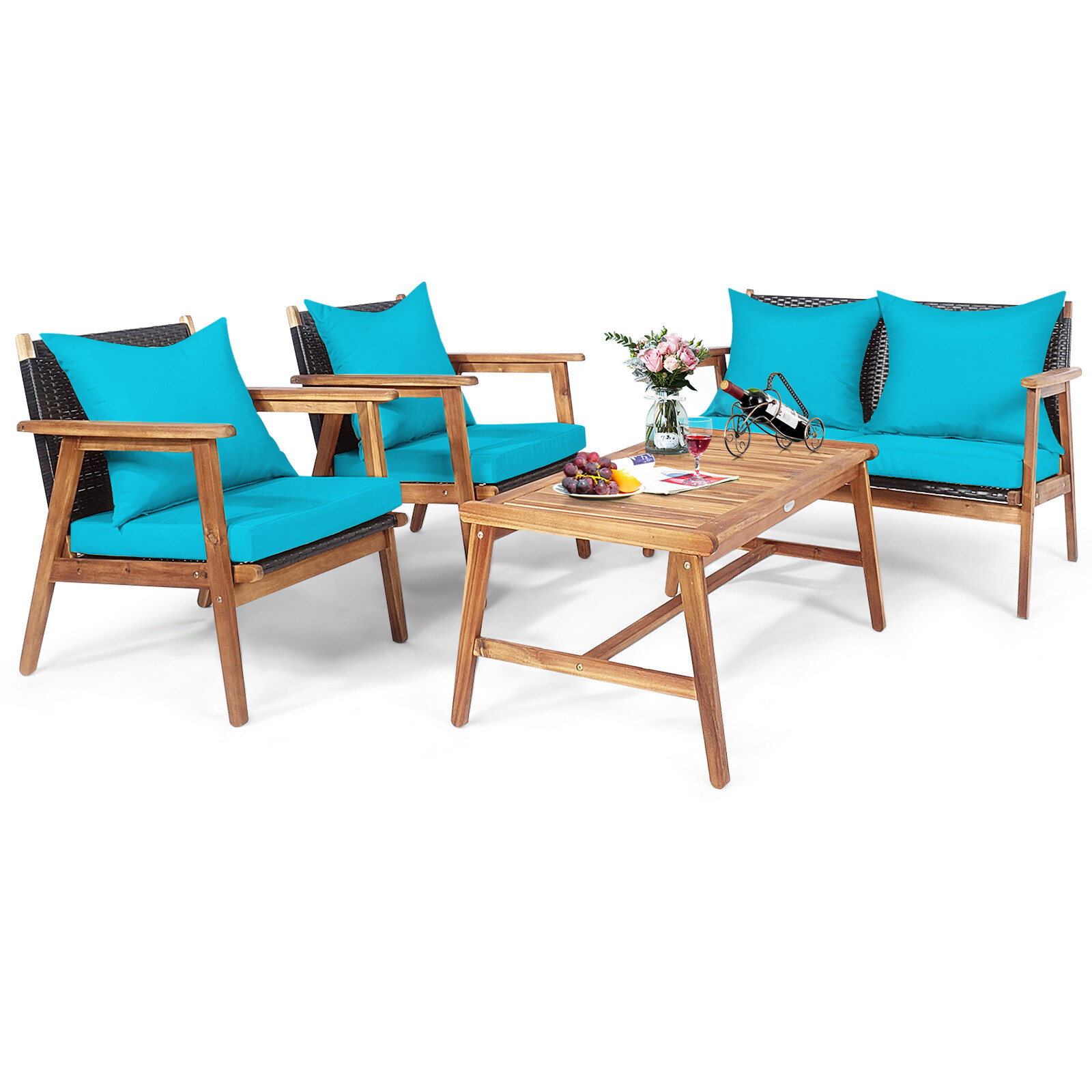 Patiojoy 4PCS Patio Rattan Furniture Set Wood Frame Cushioned Sofa with Coffee