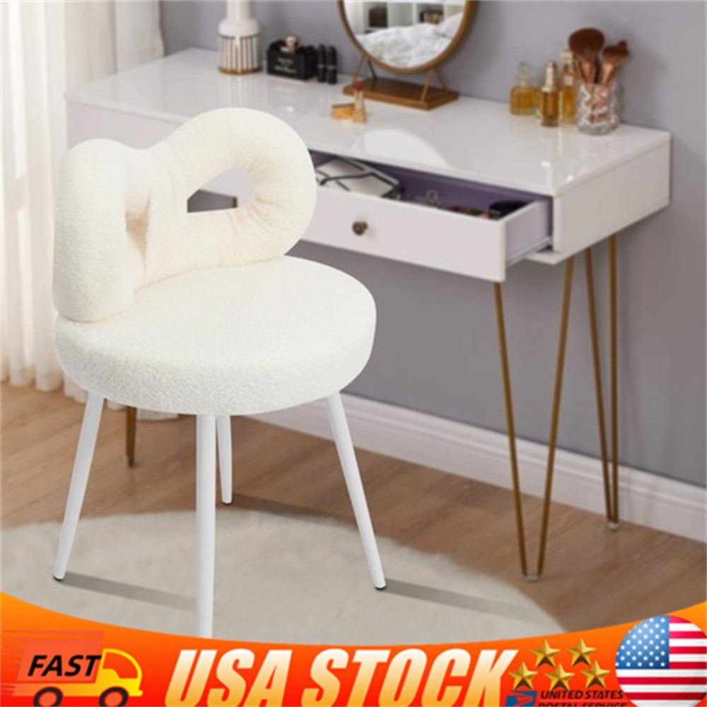Vanity Chair with Cute Bow Backrest & Wheels 360° Rolling Makeup Seat White
