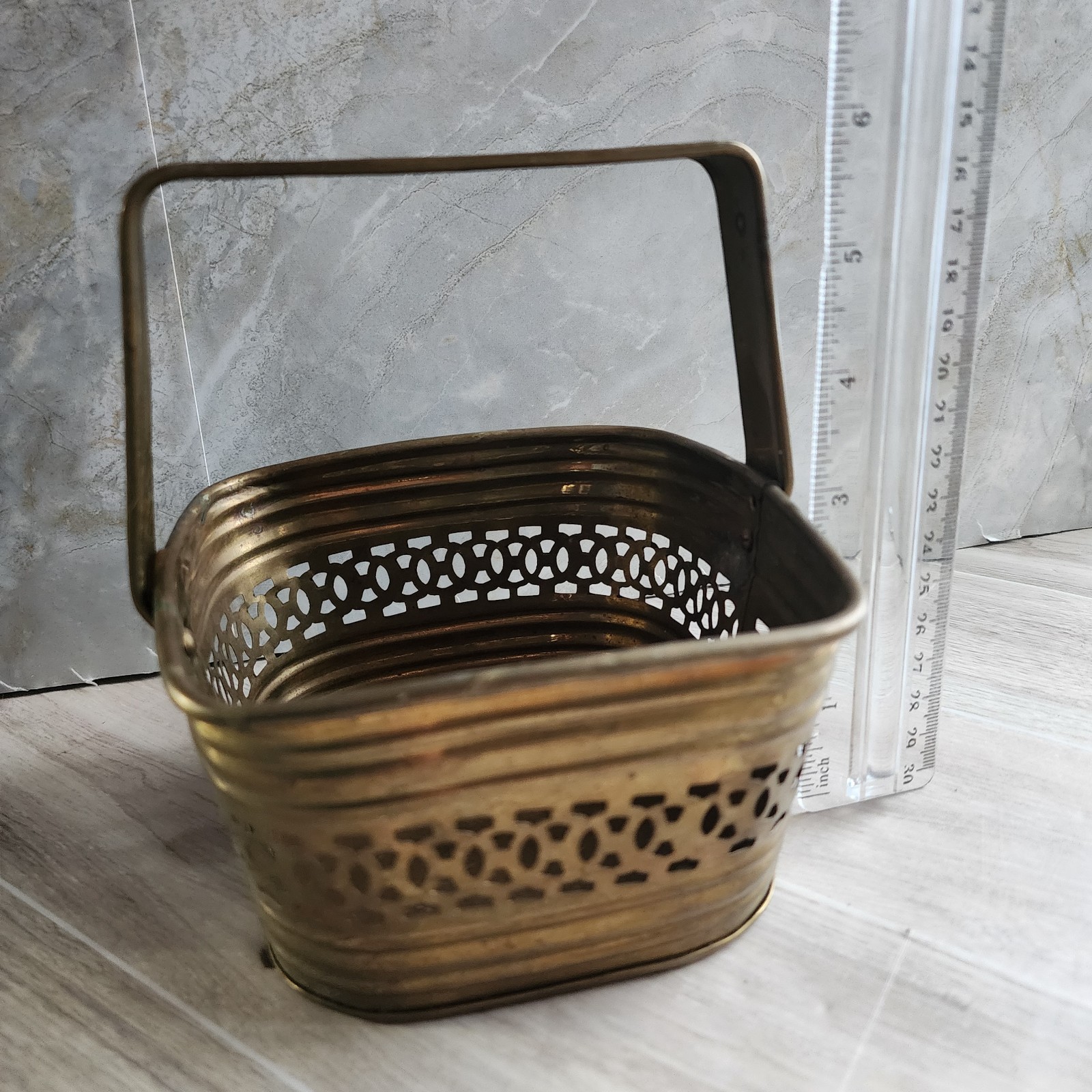 5" X 5" X 3" Pierced Solid Brass Basket Adjustable Hinged Handle Made In India
