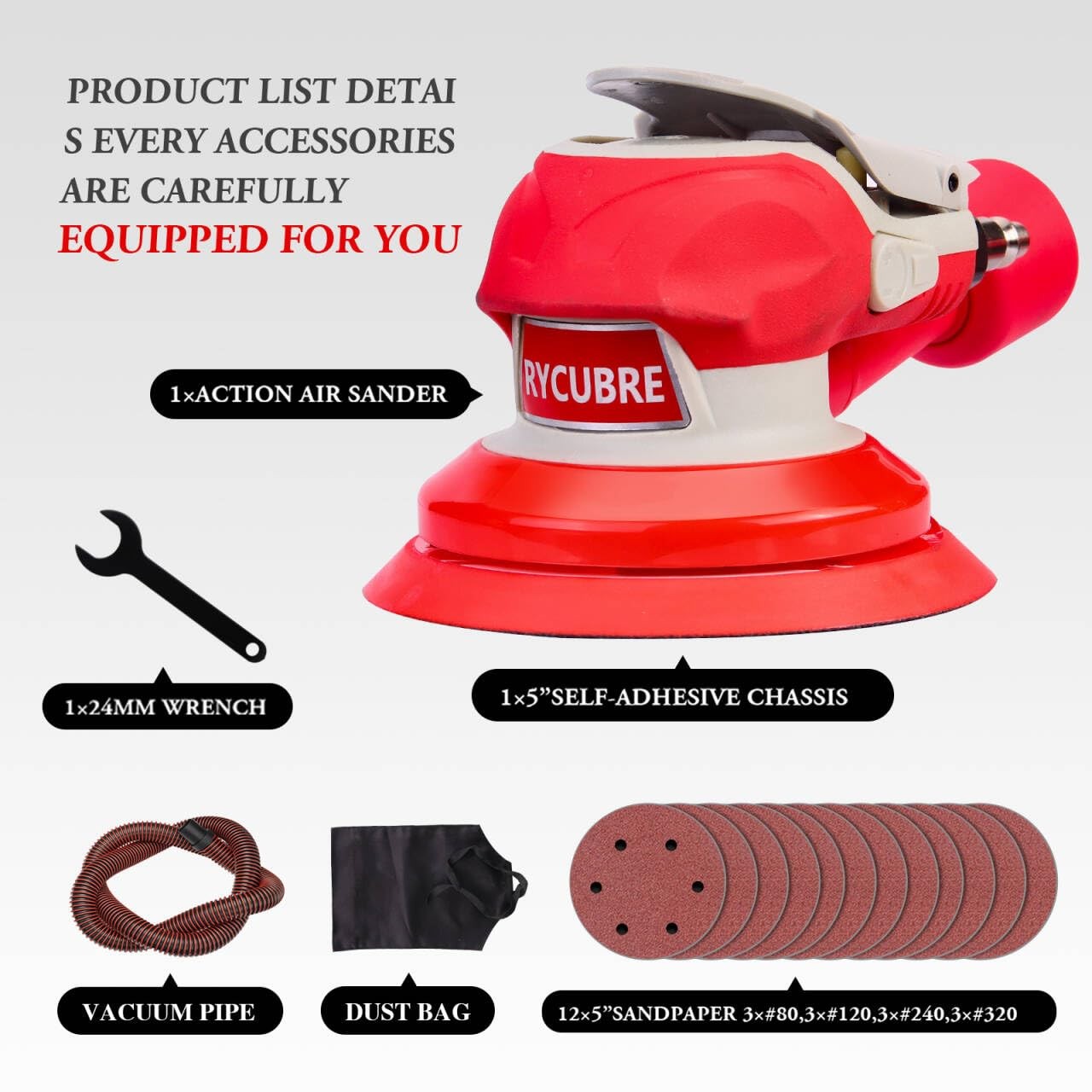 RYCUBRE 5 Inch Air Sander with vacuum – 13000RPM Pneumatic da Sander for auto bo
