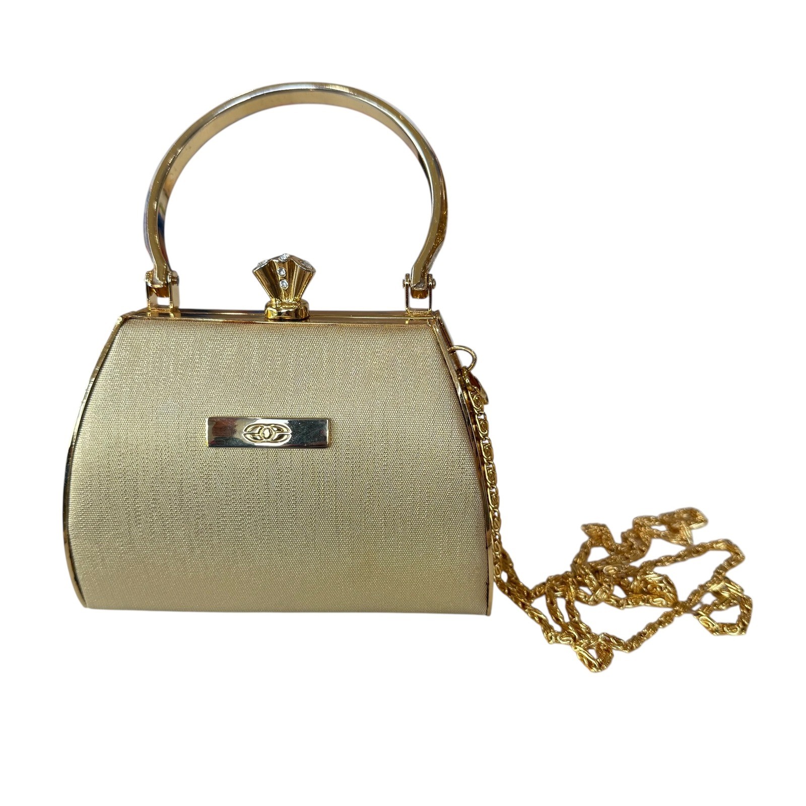 Gold Evening Clutch Handbag with Rhinestone Kiss Lock and Chain Strap