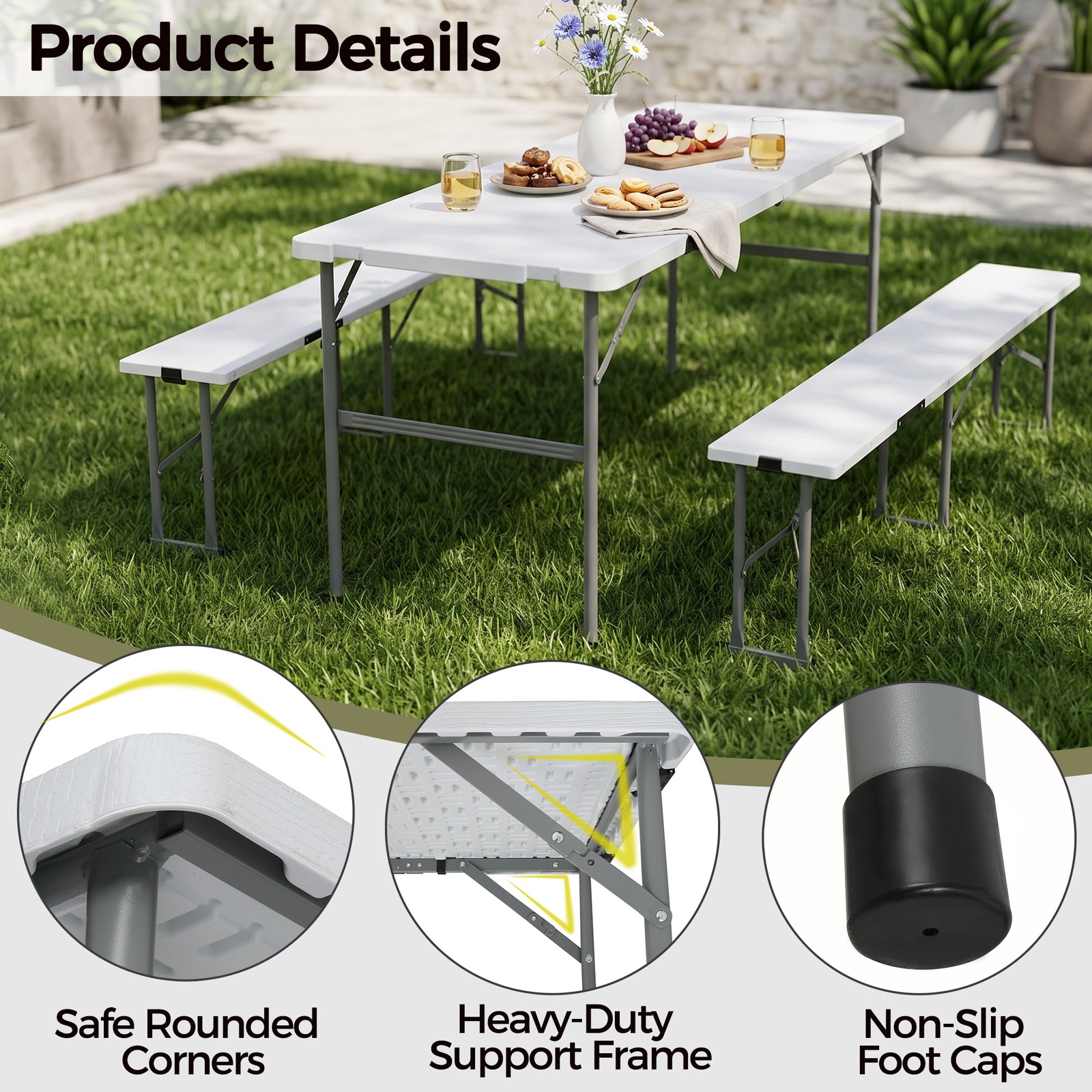 Compact Foldable Picnic Table with Storage Benches Weather Resistant HDPE Table