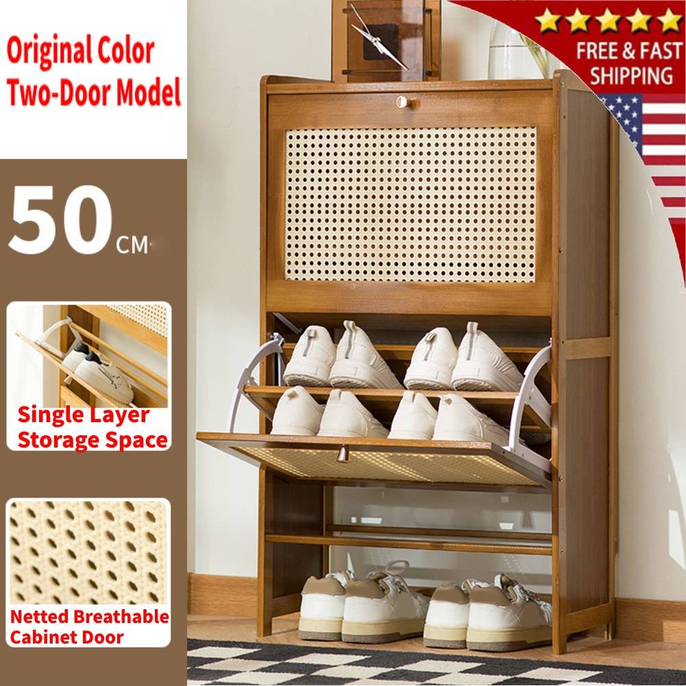 Bamboo 2 Drawer Shoe Cabinet Storage Rack Organiser Shelf Stand Holder Unit SALE
