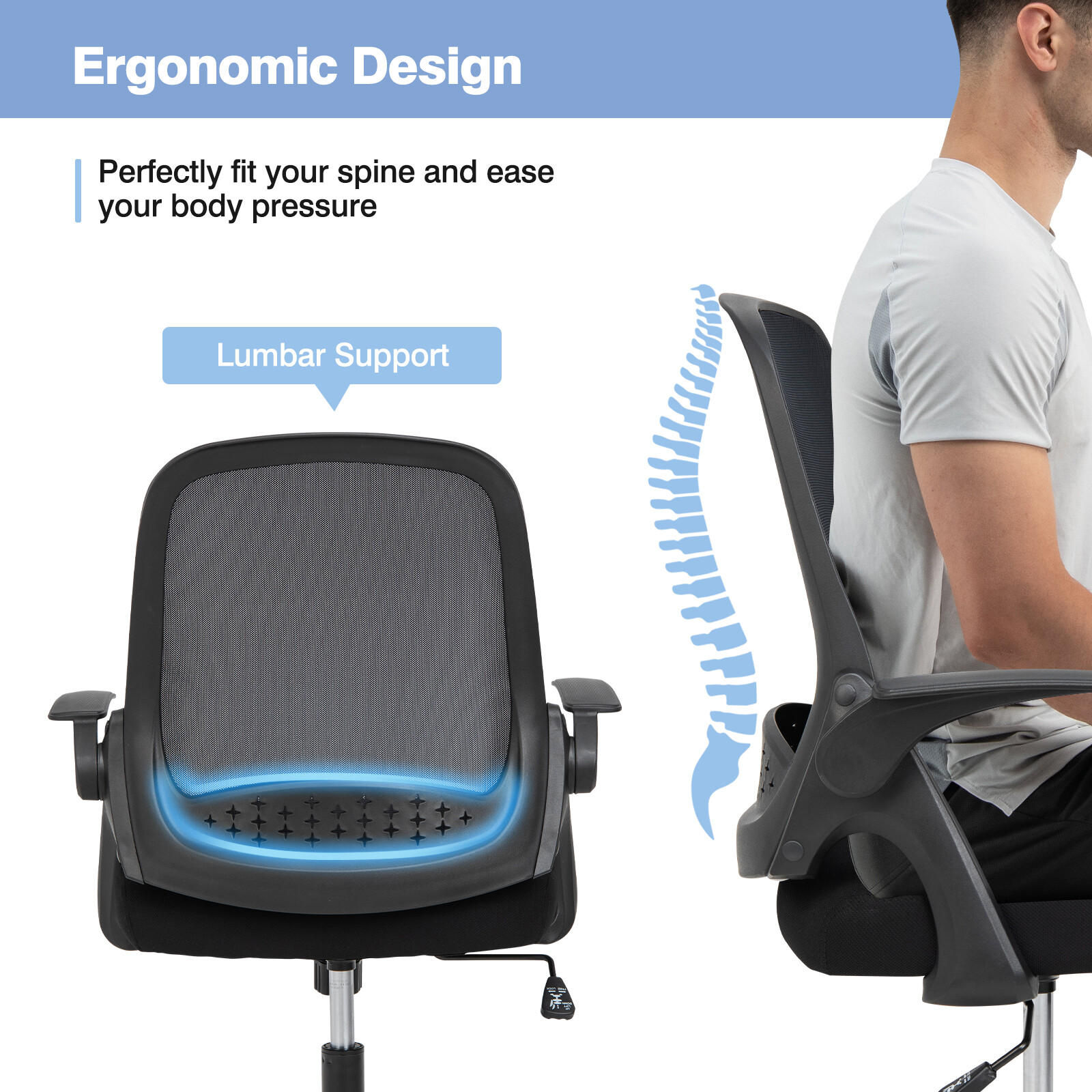 Mesh Office Chair Adjustable Rolling Computer Desk Chair w/Flip-up Armrest Black