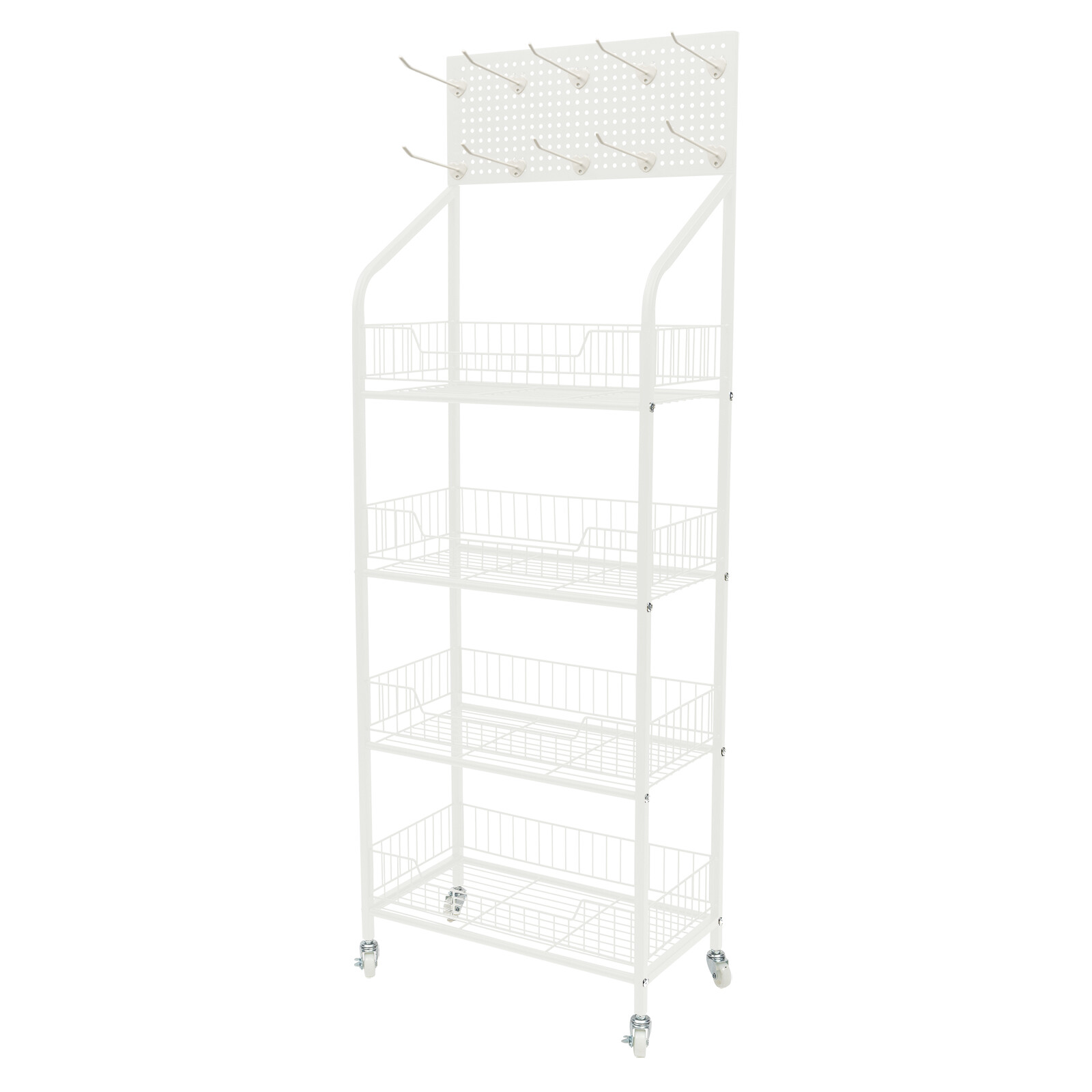 4-Tier Metal Snack Display Rack With Hooks & Wheels White
