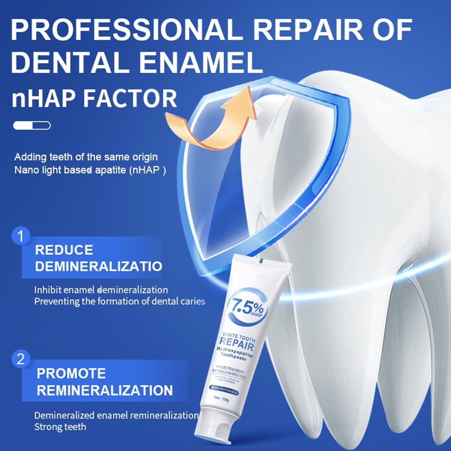 2 Pasta dental con 7.5% Nano Hidroxiapatita, sin flúor, 4oz, blanqueadora