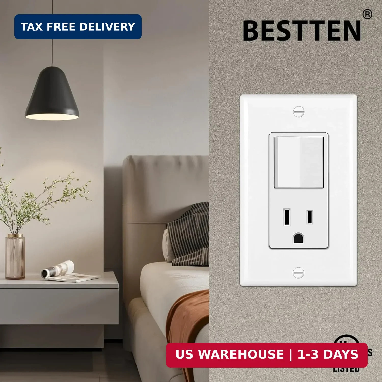 BESTTEN 10 Pack Combination Wall Light Switch and Decor Outlet, Single Pole Rock