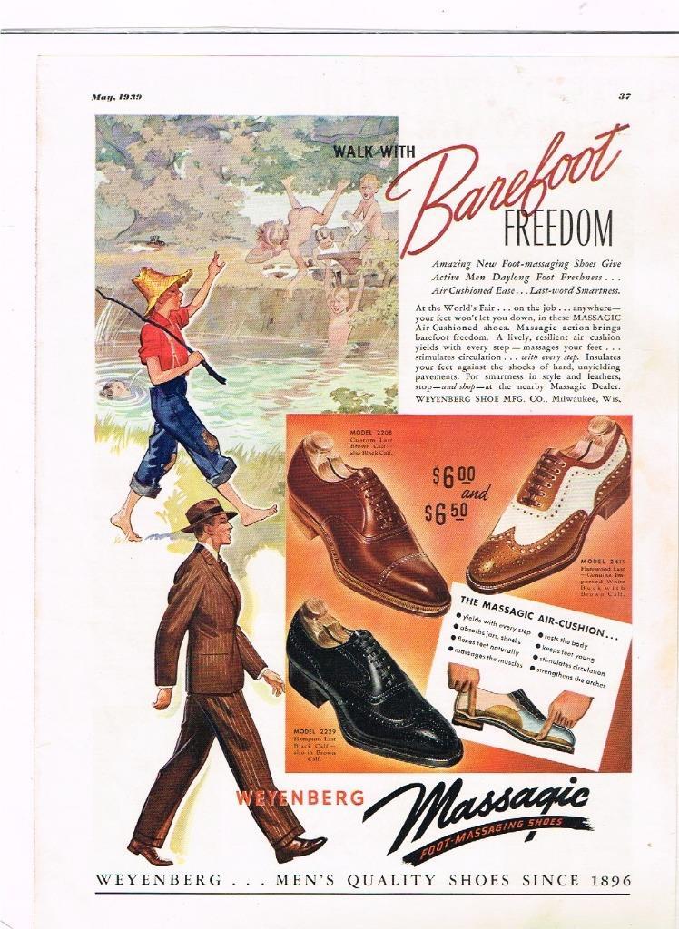 Vintage 1939 Mag Ad; Weyenberg Shoes for Men; Massagic Foot Massaging Shoes!