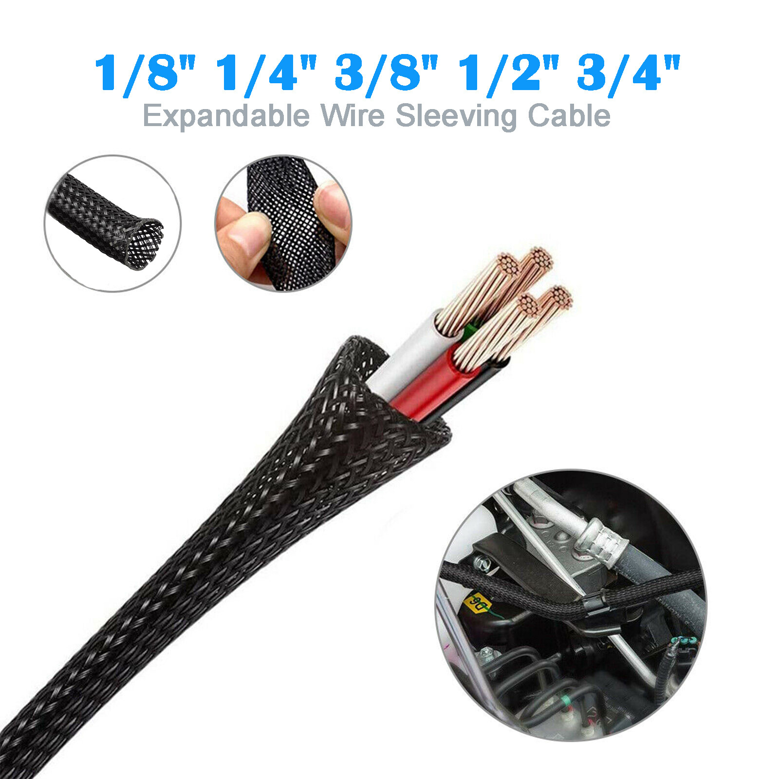 1/8" 1/4" 3/8" 1/2" 3/4" Expandable Wire Cable Sleeving Sheathing Braided Loom