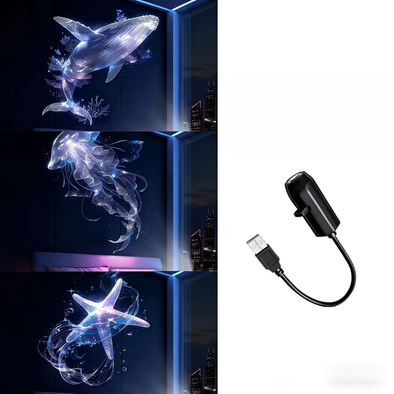 LED USB Projector Light 3/6Pcs Projection Patterns- Adjustable Whale Butterfly J