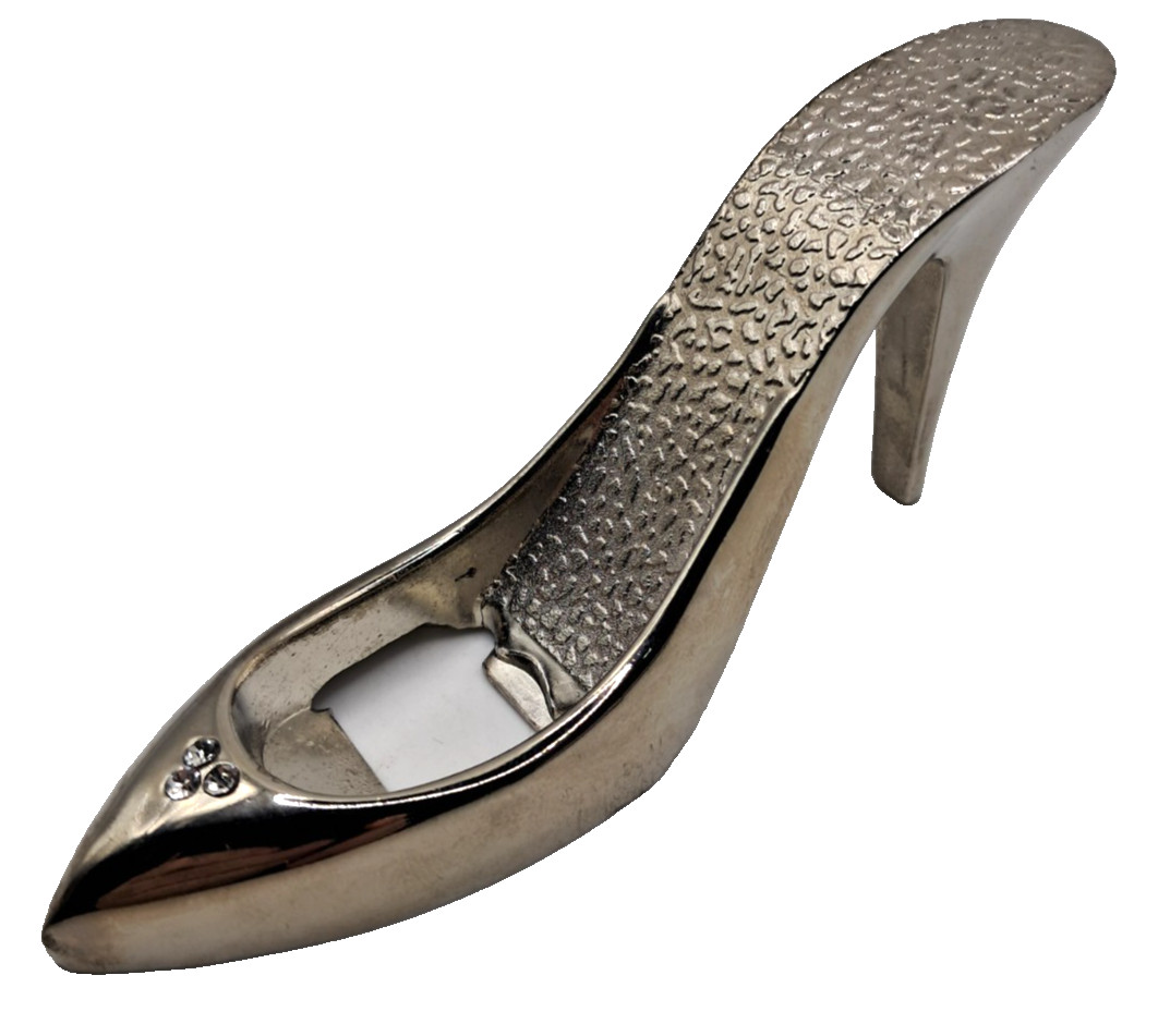 Vintage Silver Tone High Heel Shoe Bottle Opener Rhinestone Accents 4 1/4" L