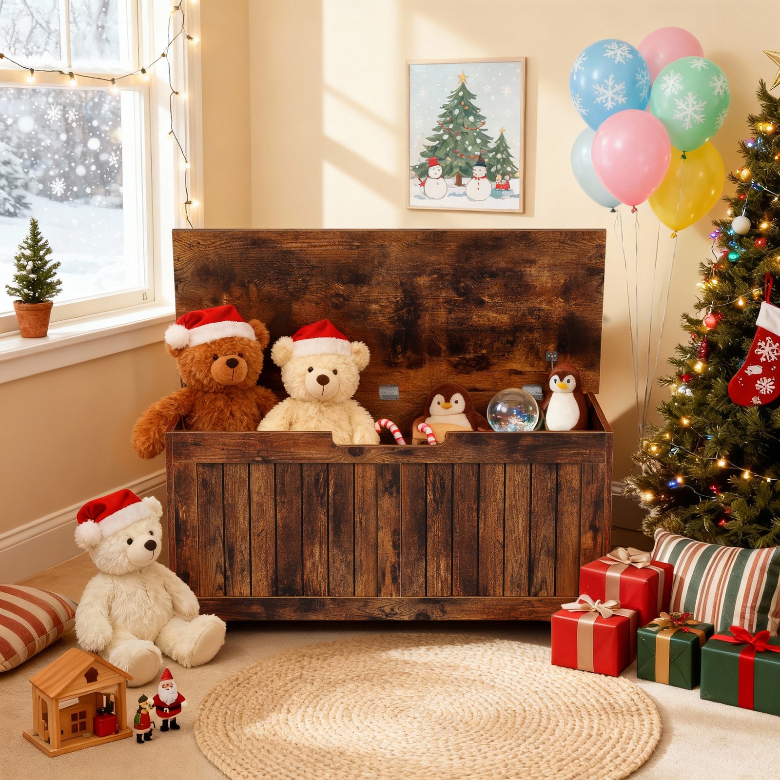 Storage Chest Storage Bench with Safety Hinge White for Playroom Rustic Brown