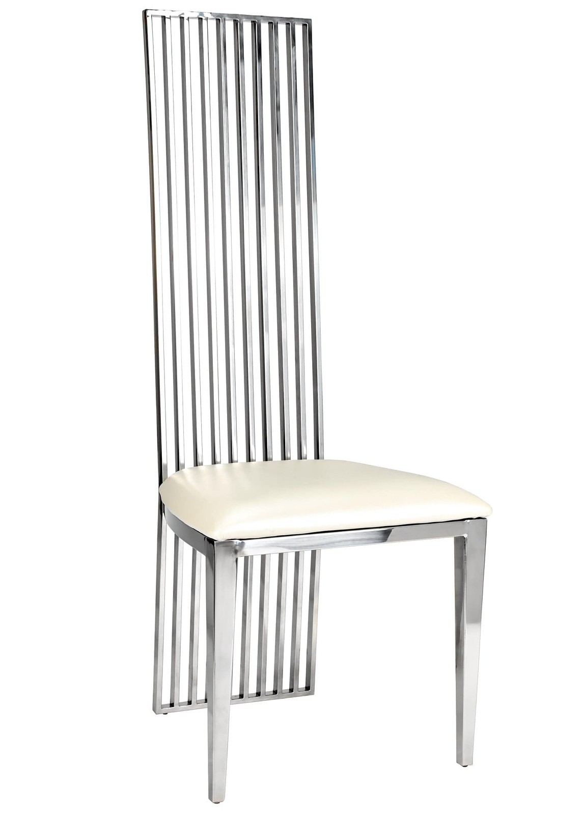 Silver Stainless Steel High Back Chair, Silver Frame, White Vinyl Seat-Chivari