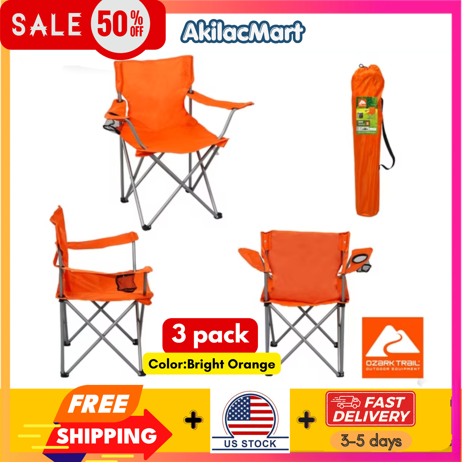 3 pack-Ozark Trail Quad Folding Camp Chair with Cup Holder, Bright Orange